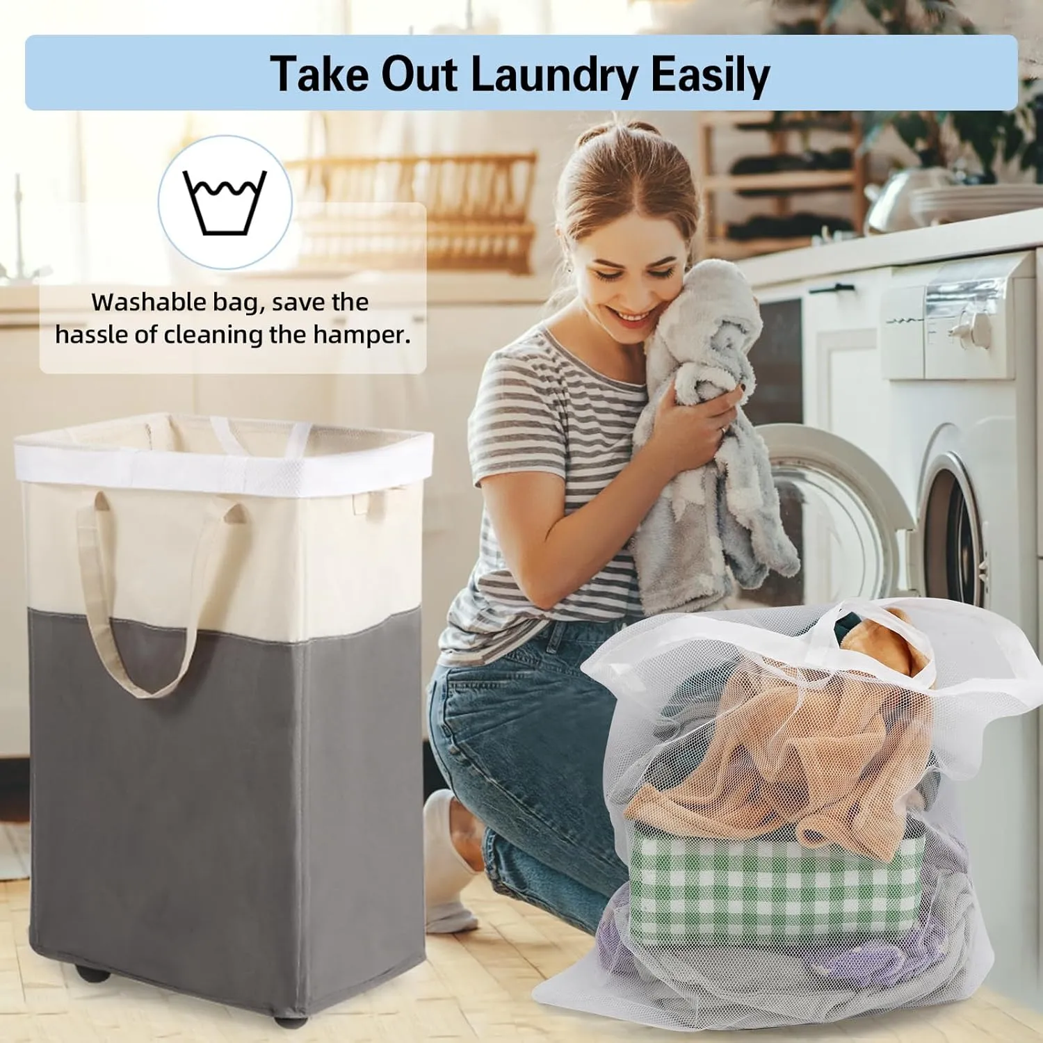 Laundry Basket with Wheels, 90L Large Collapsible Laundry Baskets, Foldable Rolling Laundry Hamper with Removable Wash Bag for Laundry, Clothes Storage, Tall Laundry Basket with Handles Grey