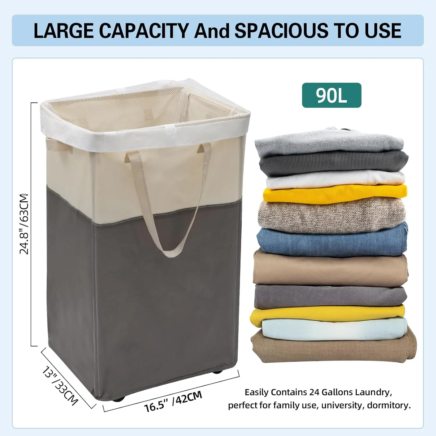Laundry Basket with Wheels, 90L Large Collapsible Laundry Baskets, Foldable Rolling Laundry Hamper with Removable Wash Bag for Laundry, Clothes Storage, Tall Laundry Basket with Handles Grey