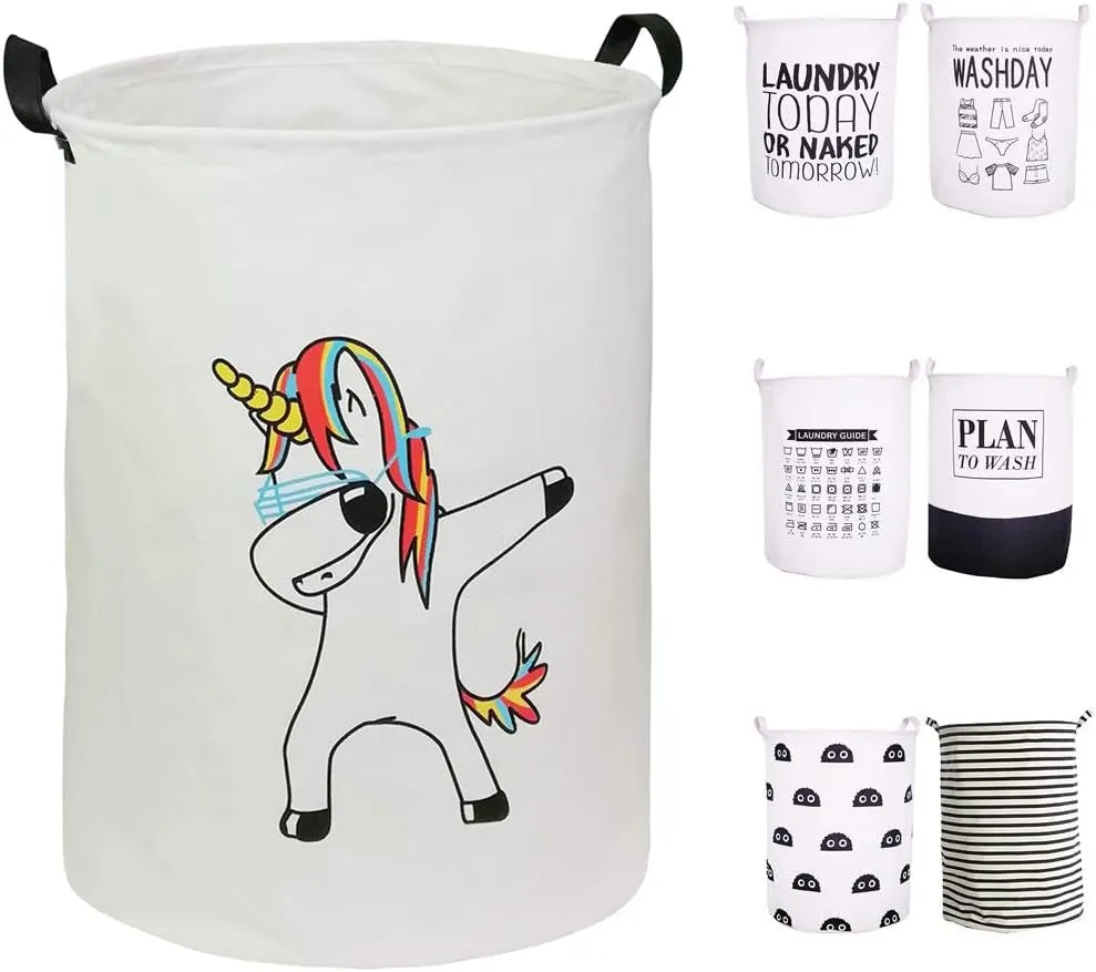 Laundry Baskets 22"×16" Collapsible Waterproof Cotton Linen Foldable Laundry Hampers Storage Bin Organizer Baskets with Handles for Clothes, Toy, Nursery (Uncorn)