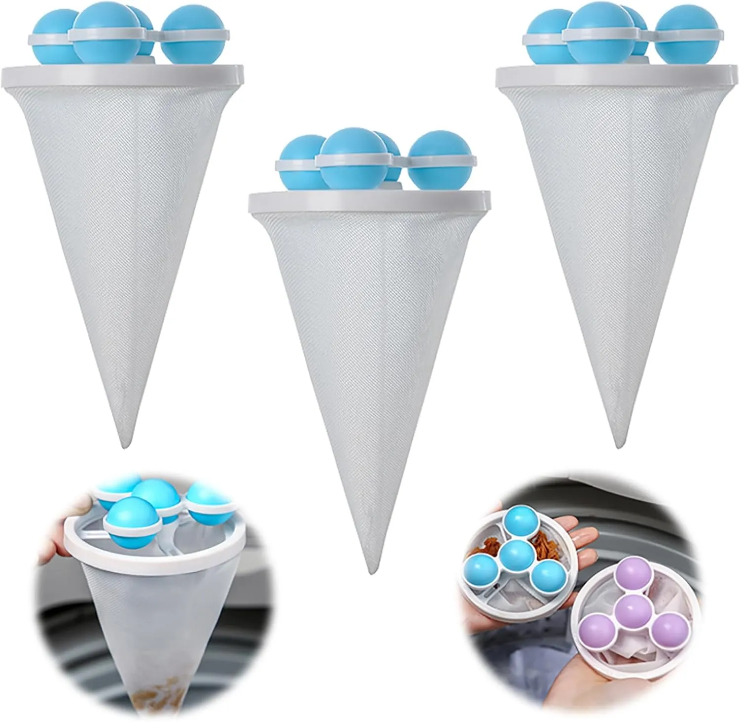 Laundry Hair Catcher, 2025 New Floating Hair Filtering Mesh Removal Pet Hair Remover for Laundry Reusable Washer Hair Catcher Hair Filter Bag Lint Catcher for Washing Machine (Blue, 3pcs)