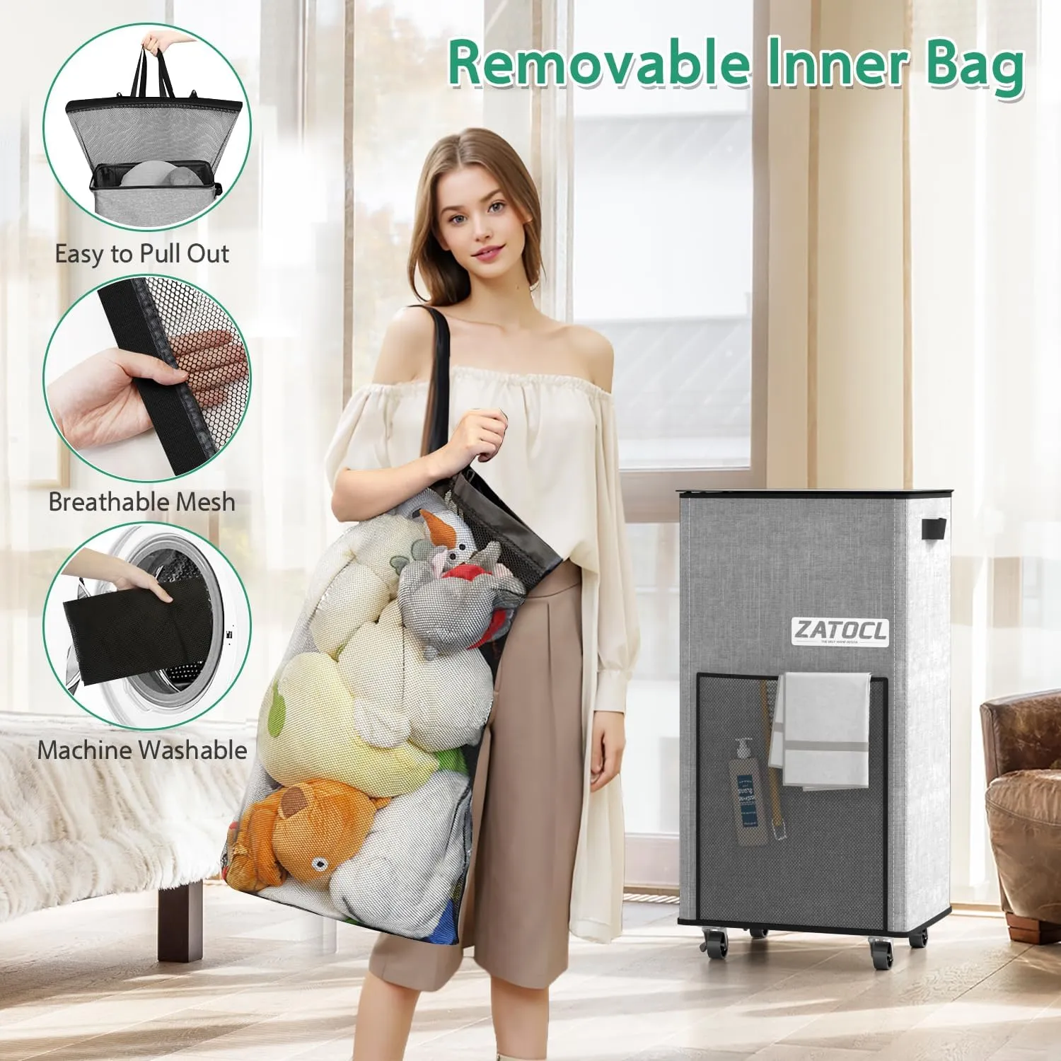 Laundry Hamper with Lid and Wheels, 110L Rolling Laundry Basket with Washing Bag & Front Mesh Bag, Collapsible Dirty Clothes Hampers for Bedroom Aesthetic, Bathroom, Dorm, Laundry Room - Easy Carry