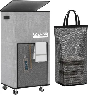 Laundry Hamper with Lid and Wheels, 110L Rolling Laundry Basket with Washing Bag & Front Mesh Bag, Collapsible Dirty Clothes Hampers for Bedroom Aesthetic, Bathroom, Dorm, Laundry Room - Easy Carry