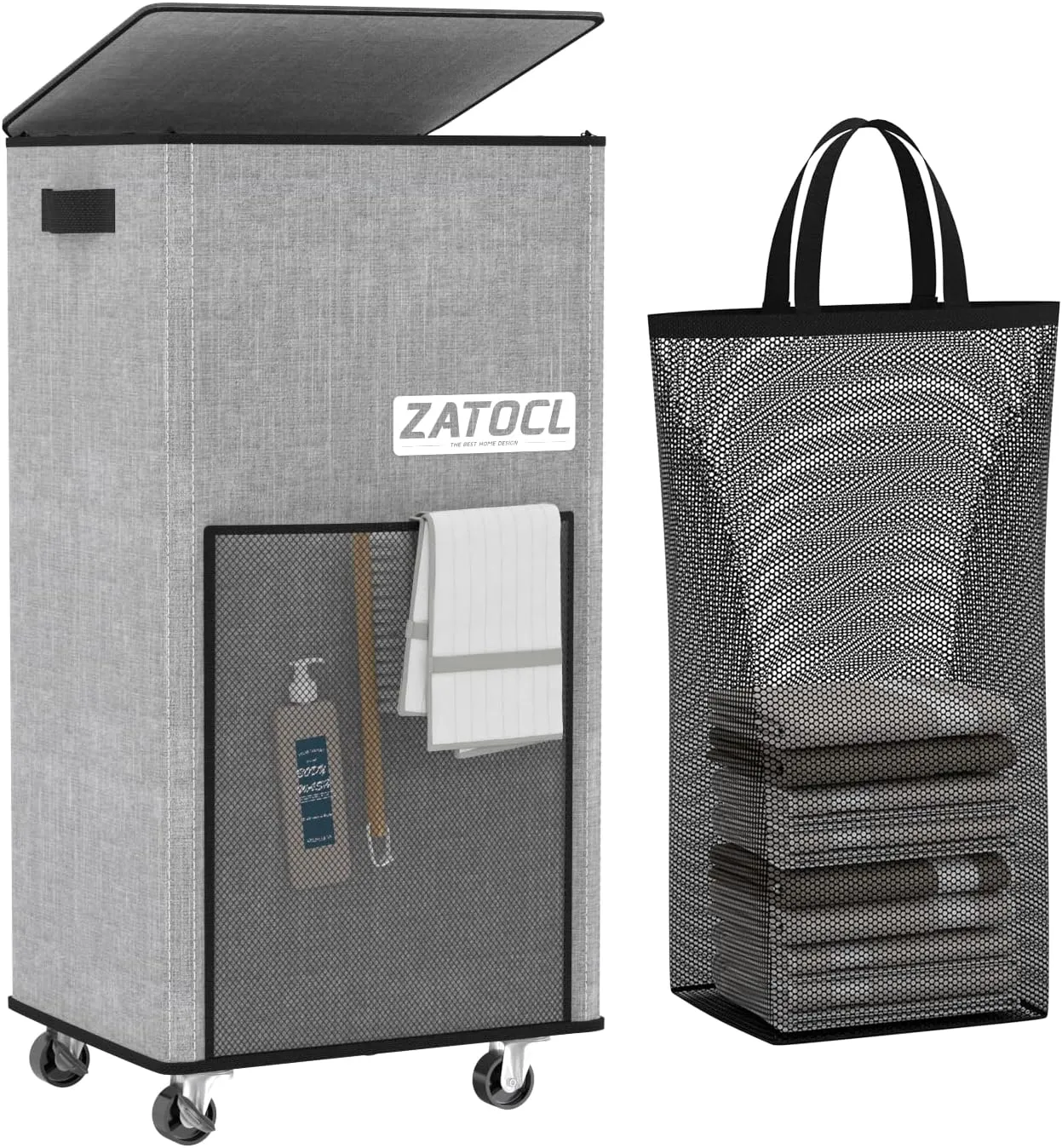 Laundry Hamper with Lid and Wheels, 110L Rolling Laundry Basket with Washing Bag & Front Mesh Bag, Collapsible Dirty Clothes Hampers for Bedroom Aesthetic, Bathroom, Dorm, Laundry Room - Easy Carry