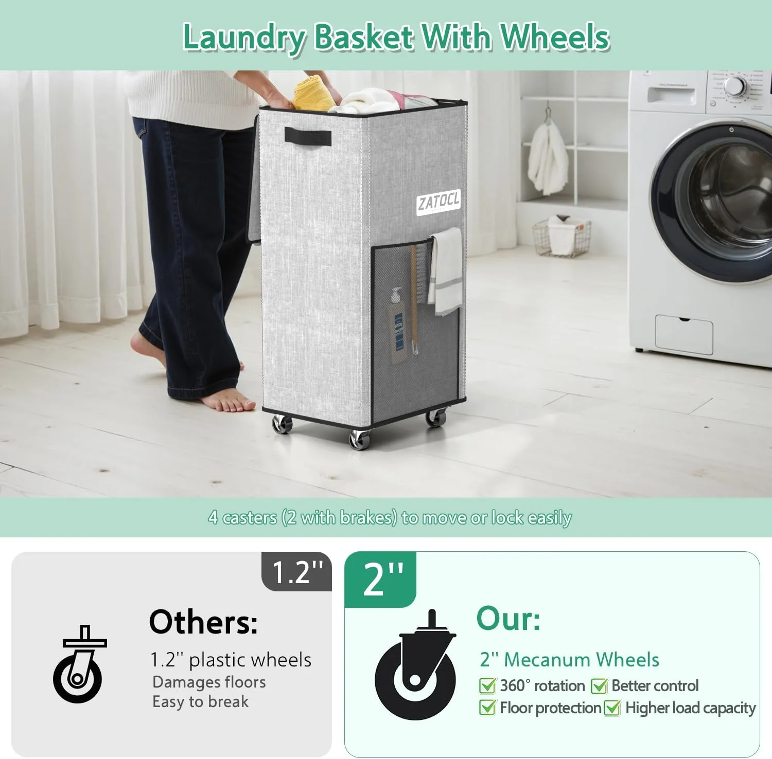 Laundry Hamper with Lid and Wheels, 110L Rolling Laundry Basket with Washing Bag & Front Mesh Bag, Collapsible Dirty Clothes Hampers for Bedroom Aesthetic, Bathroom, Dorm, Laundry Room - Easy Carry