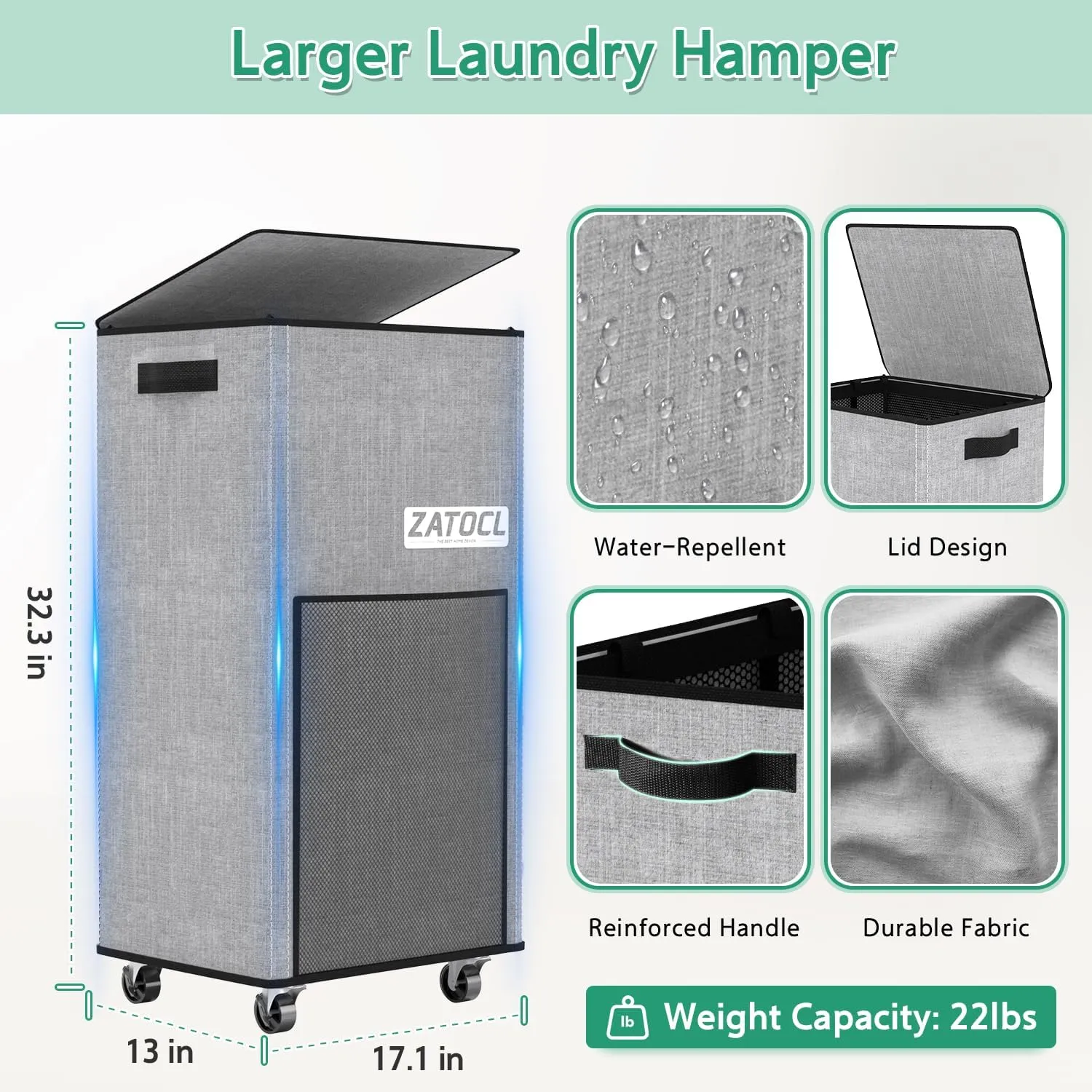Laundry Hamper with Lid and Wheels, 110L Rolling Laundry Basket with Washing Bag & Front Mesh Bag, Collapsible Dirty Clothes Hampers for Bedroom Aesthetic, Bathroom, Dorm, Laundry Room - Easy Carry