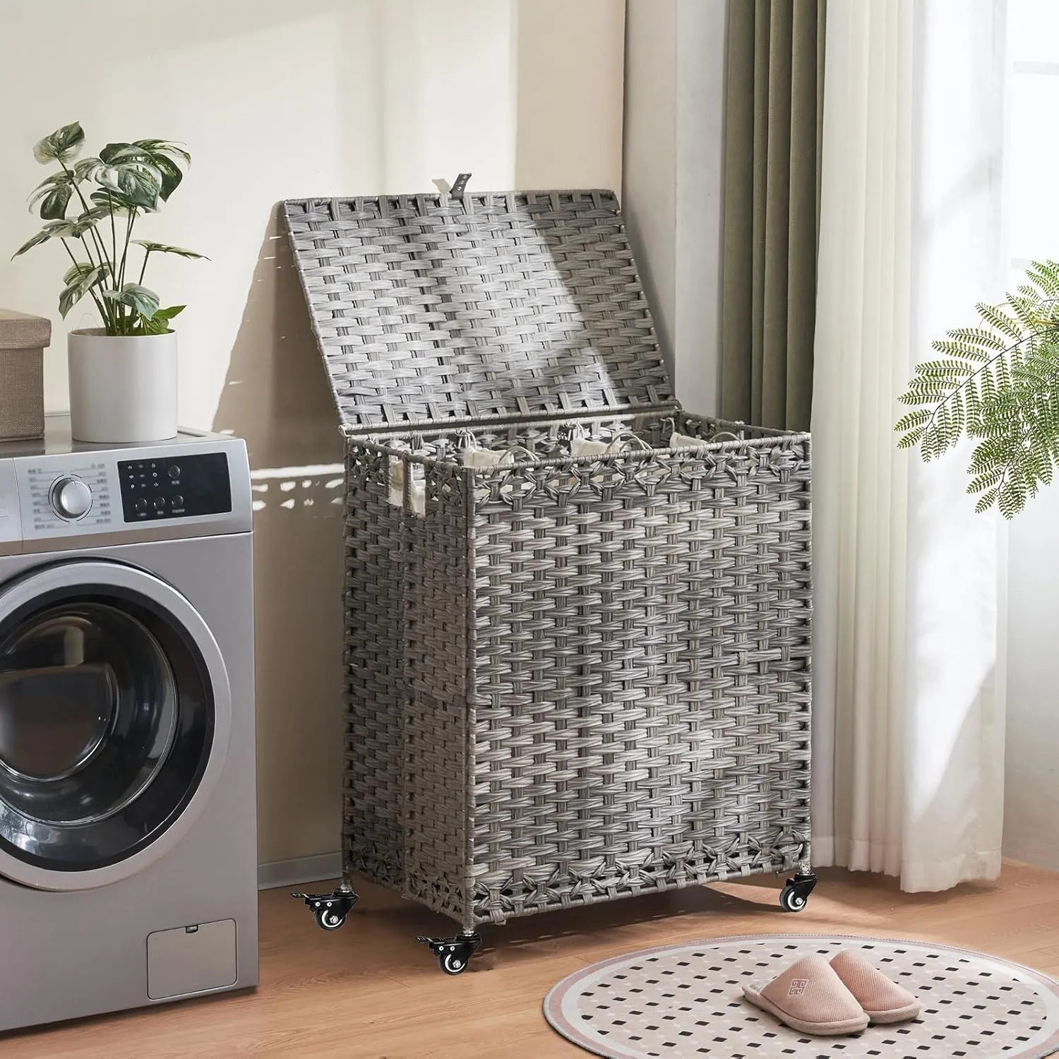 Laundry Hamper with Wheels&Lid, 50.2 Gallons(190L) Rolling Laundry Basket with Wheels, 3-Section Laundry Hamper, Handwoven Rattan Clothes Hamper with 3 Removable Liner&3 Mesh Laundry Bags, Grey