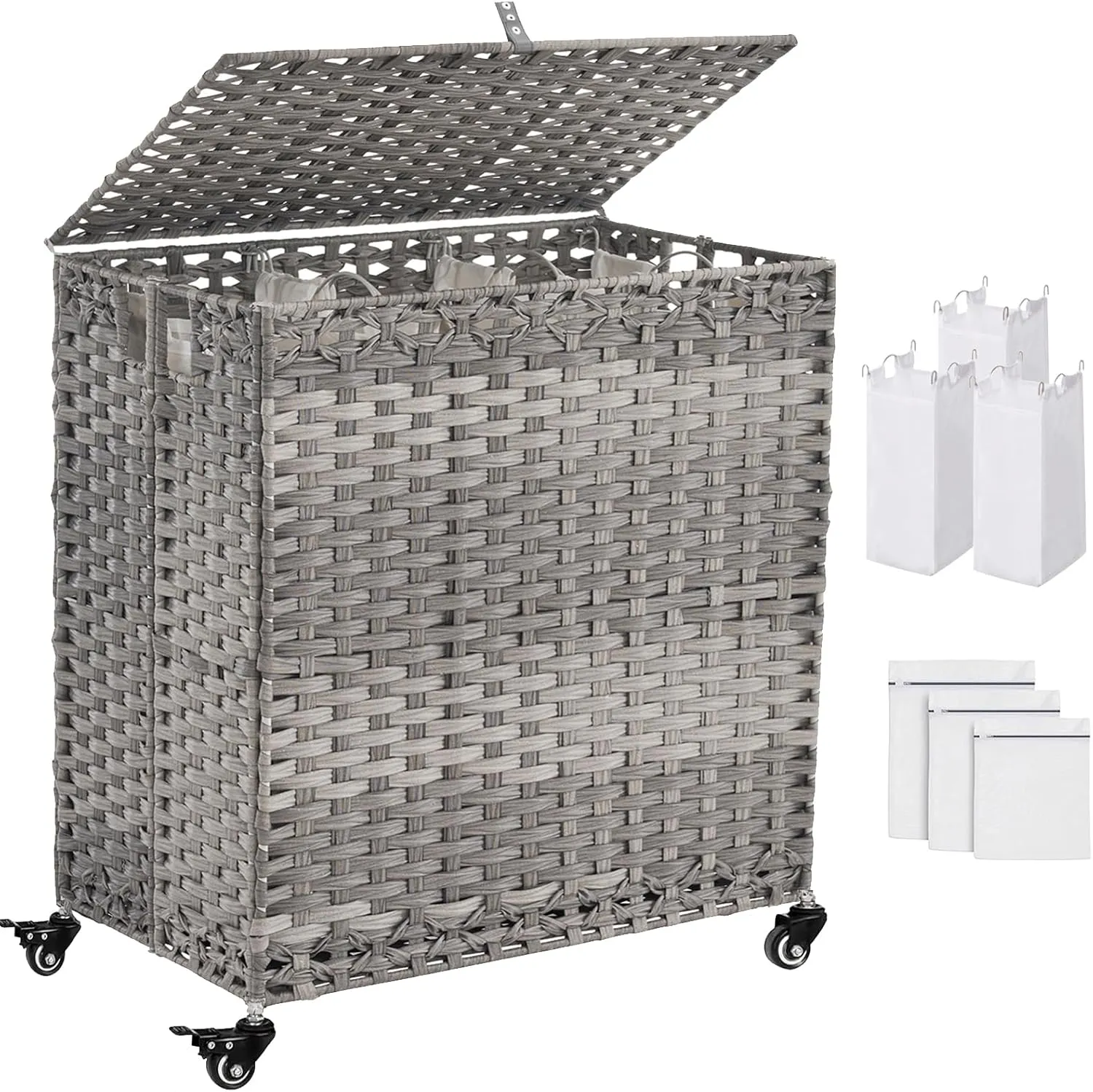 Laundry Hamper with Wheels&Lid, 50.2 Gallons(190L) Rolling Laundry Basket with Wheels, 3-Section Laundry Hamper, Handwoven Rattan Clothes Hamper with 3 Removable Liner&3 Mesh Laundry Bags, Grey