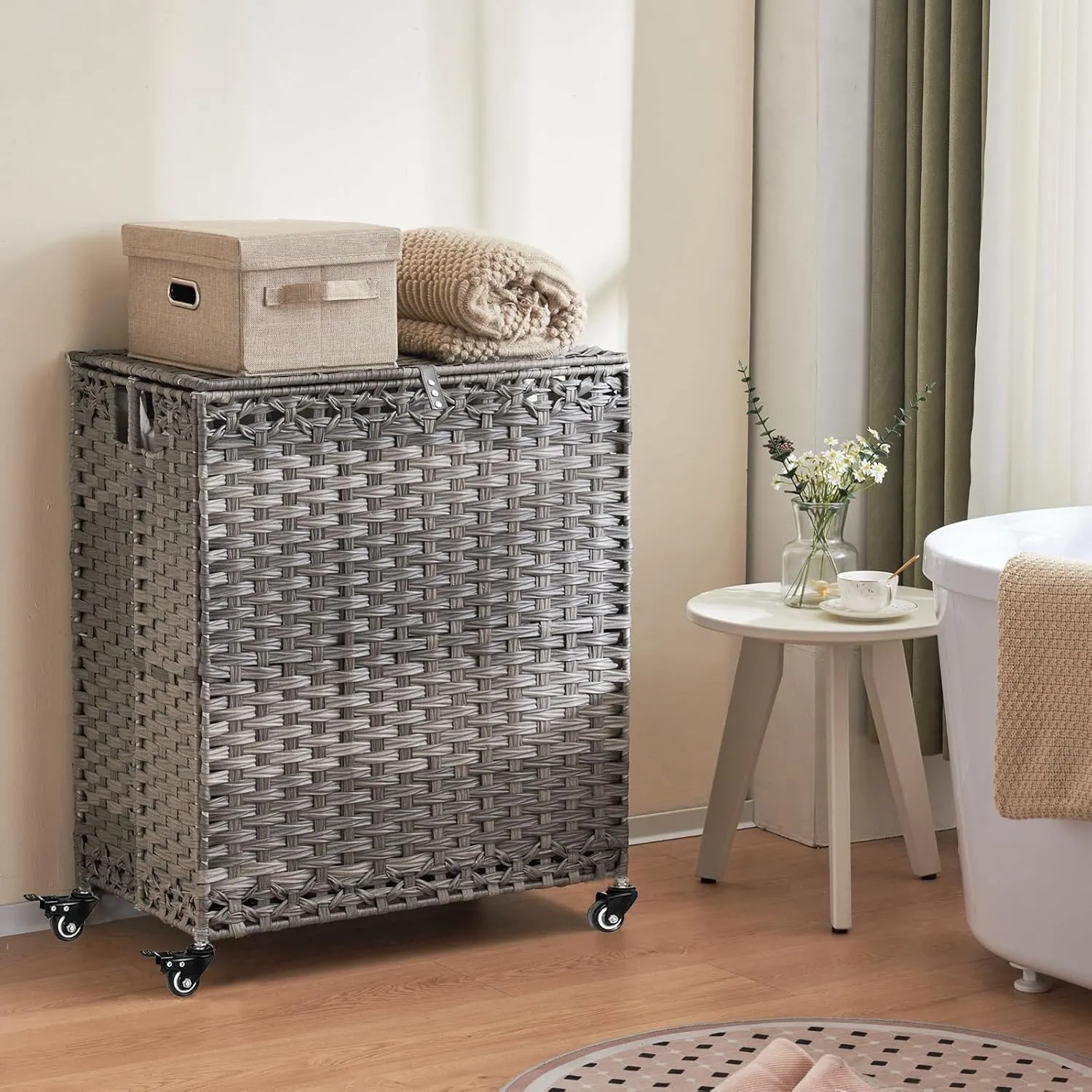 Laundry Hamper with Wheels&Lid, 50.2 Gallons(190L) Rolling Laundry Basket with Wheels, 3-Section Laundry Hamper, Handwoven Rattan Clothes Hamper with 3 Removable Liner&3 Mesh Laundry Bags, Grey