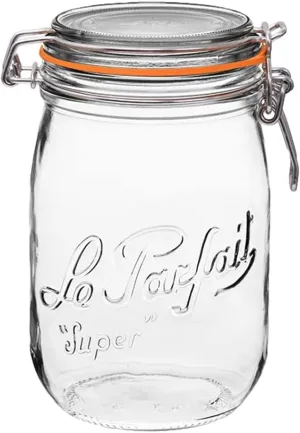 Le Parfait Super Jar, Canning Jar, 1L French Glass Canning Jar w/Round Body, Glass Jar With Airtight Lid, Canning Jar Wide Mouth, Glass Jar With Lid, Clear Jars, Clear Glass Jars (32oz/Quart, 1 pk)