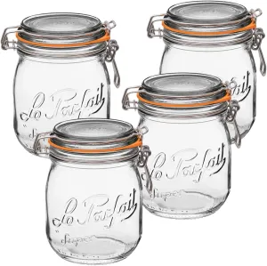 Le Parfait Super Jars, French Glass Canning Jars w/Round Body, Wide Mouth, Clear Glass (750mL/24oz, 4pk)