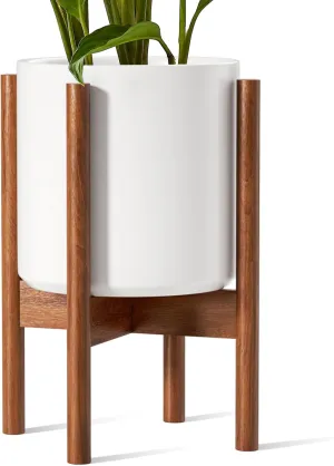 LE TAUCI 12 Inch Plant Pot with Acacia Wood Stand, Large Ceramic Planter for Indoor Plants, Mid-Century Modern Home Decor, Round Flower Pot with Drainage Hole and Plant Stand, White