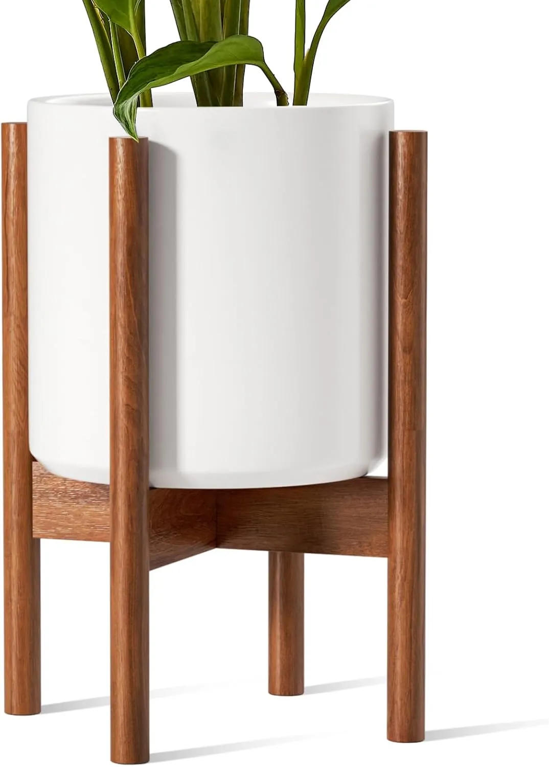 LE TAUCI 12 Inch Plant Pot with Acacia Wood Stand, Large Ceramic Planter for Indoor Plants, Mid-Century Modern Home Decor, Round Flower Pot with Drainage Hole and Plant Stand, White