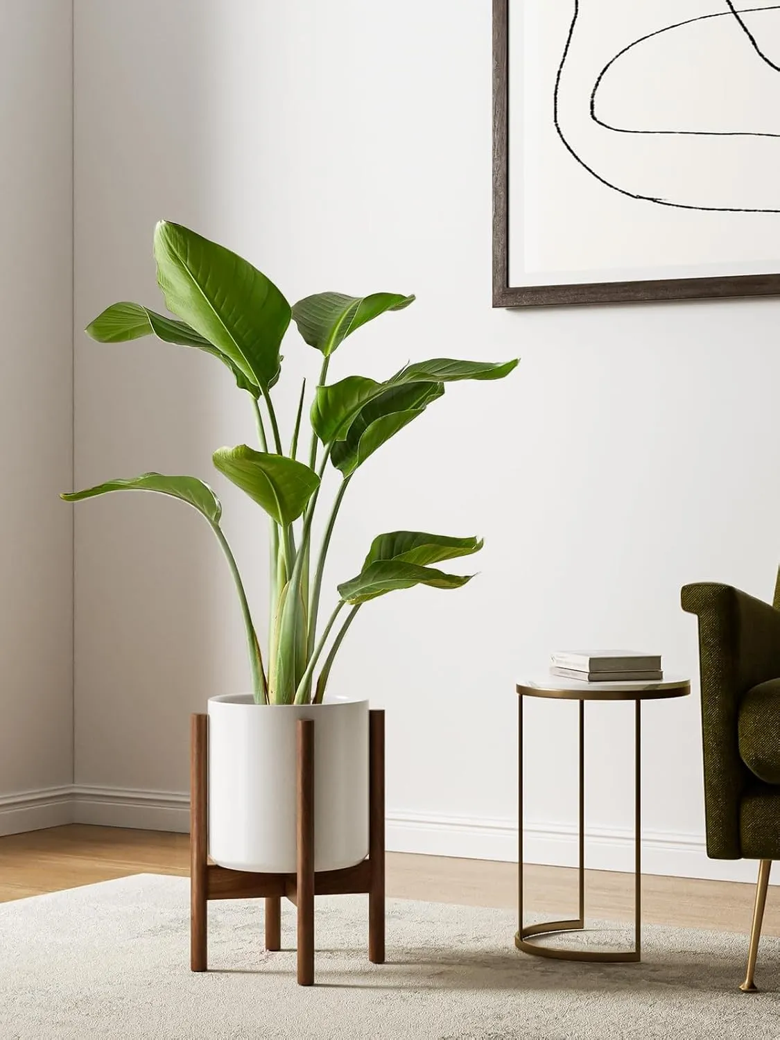 LE TAUCI 12 Inch Plant Pot with Acacia Wood Stand, Large Ceramic Planter for Indoor Plants, Mid-Century Modern Home Decor, Round Flower Pot with Drainage Hole and Plant Stand, White
