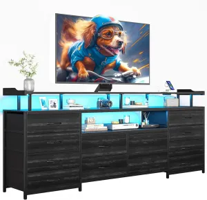 LED TV Stand Dresser with Power Outlets for 65 TV, 63 inch Entertainment Center with 12 Fabric Drawers, Media Console Table with Storage Shelf, Chest of Drawers for Bedroom