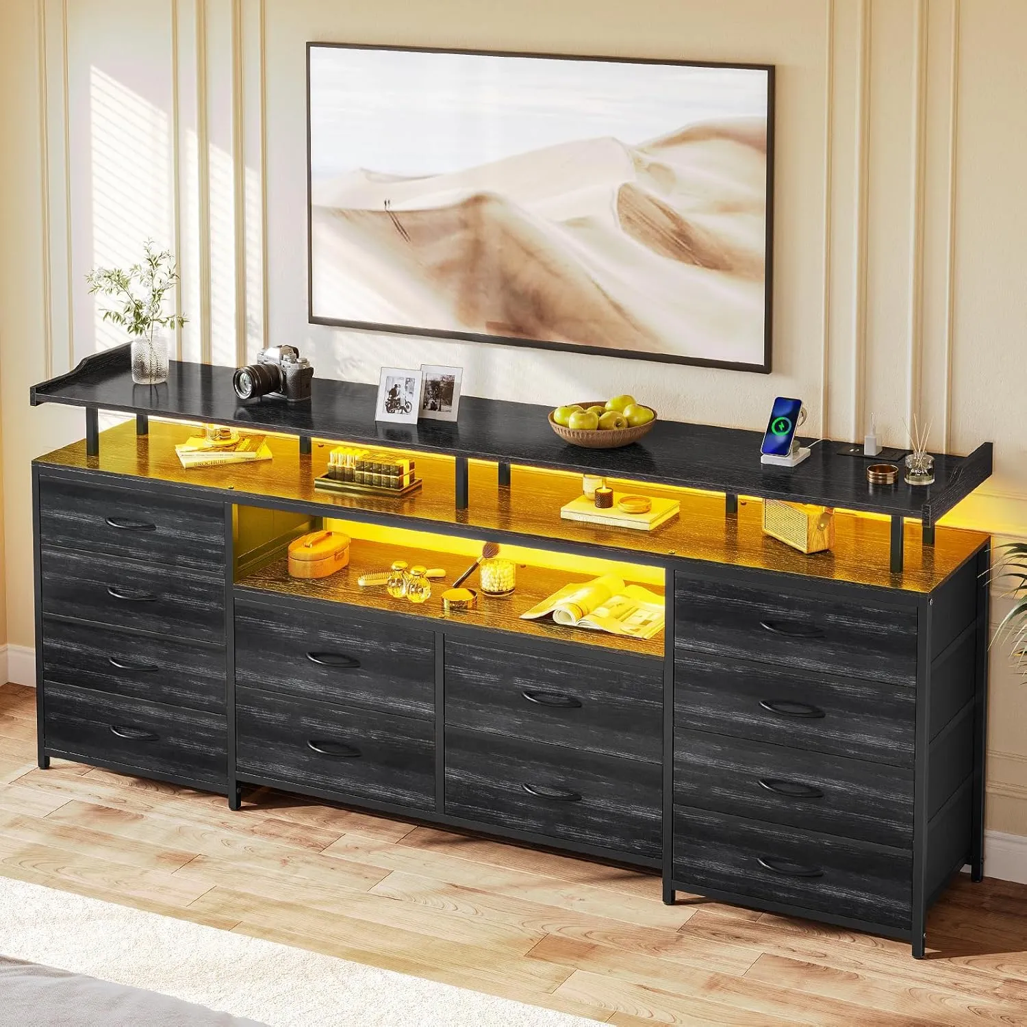 LED TV Stand Dresser with Power Outlets for 65 TV, 63 inch Entertainment Center with 12 Fabric Drawers, Media Console Table with Storage Shelf, Chest of Drawers for Bedroom