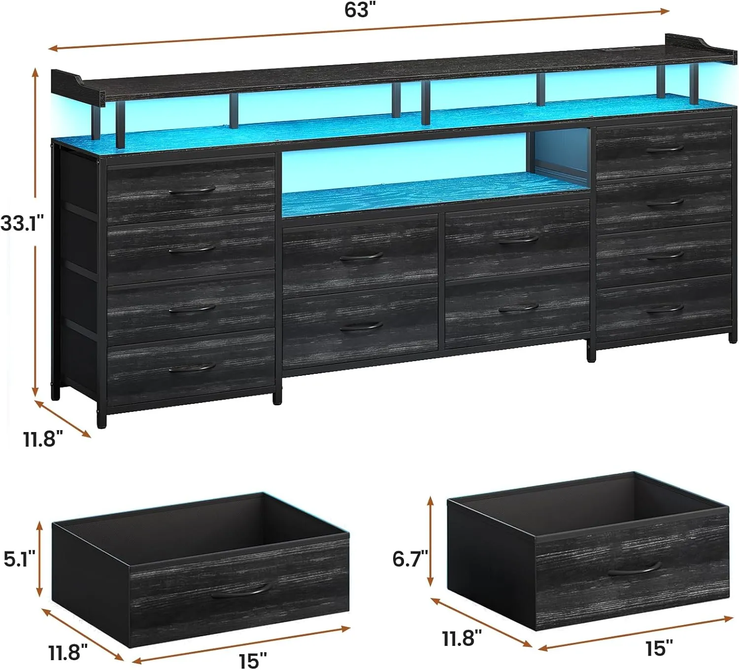 LED TV Stand Dresser with Power Outlets for 65 TV, 63 inch Entertainment Center with 12 Fabric Drawers, Media Console Table with Storage Shelf, Chest of Drawers for Bedroom