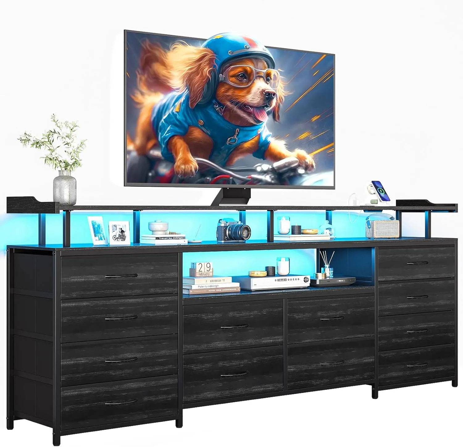 LED TV Stand Dresser with Power Outlets for 65 TV, 63 inch Entertainment Center with 12 Fabric Drawers, Media Console Table with Storage Shelf, Chest of Drawers for Bedroom