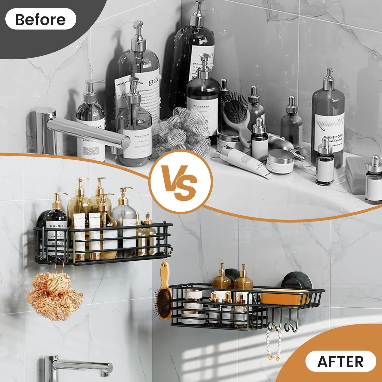 LEVERLOC Shower Caddy Suction Cup, 2 Pack suction shower shelf with Hooks & Soap holder, NO-Drilling Bathroom Holder, Rustproof bathroom organizer, Black