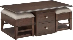 Lexicon Claremore Wood & Fabric Cocktail Table with 2 Storage Ottomans in Brown