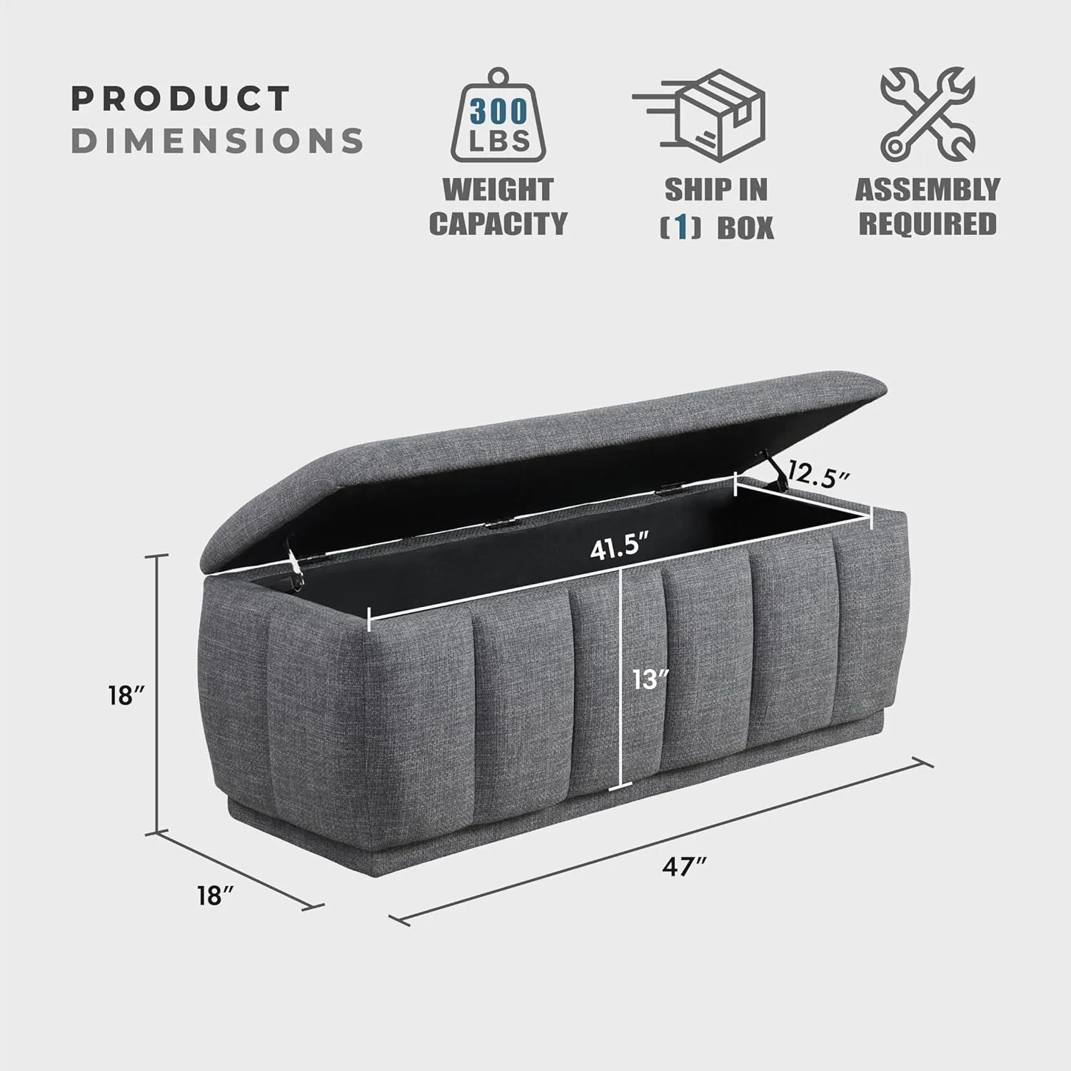 Lexicon Textured Fabric Storage Bench, Upholstered Rectangle Entryway Bench, Modern Storage Chest for Entryway/Living Room/Bedroom, Gray