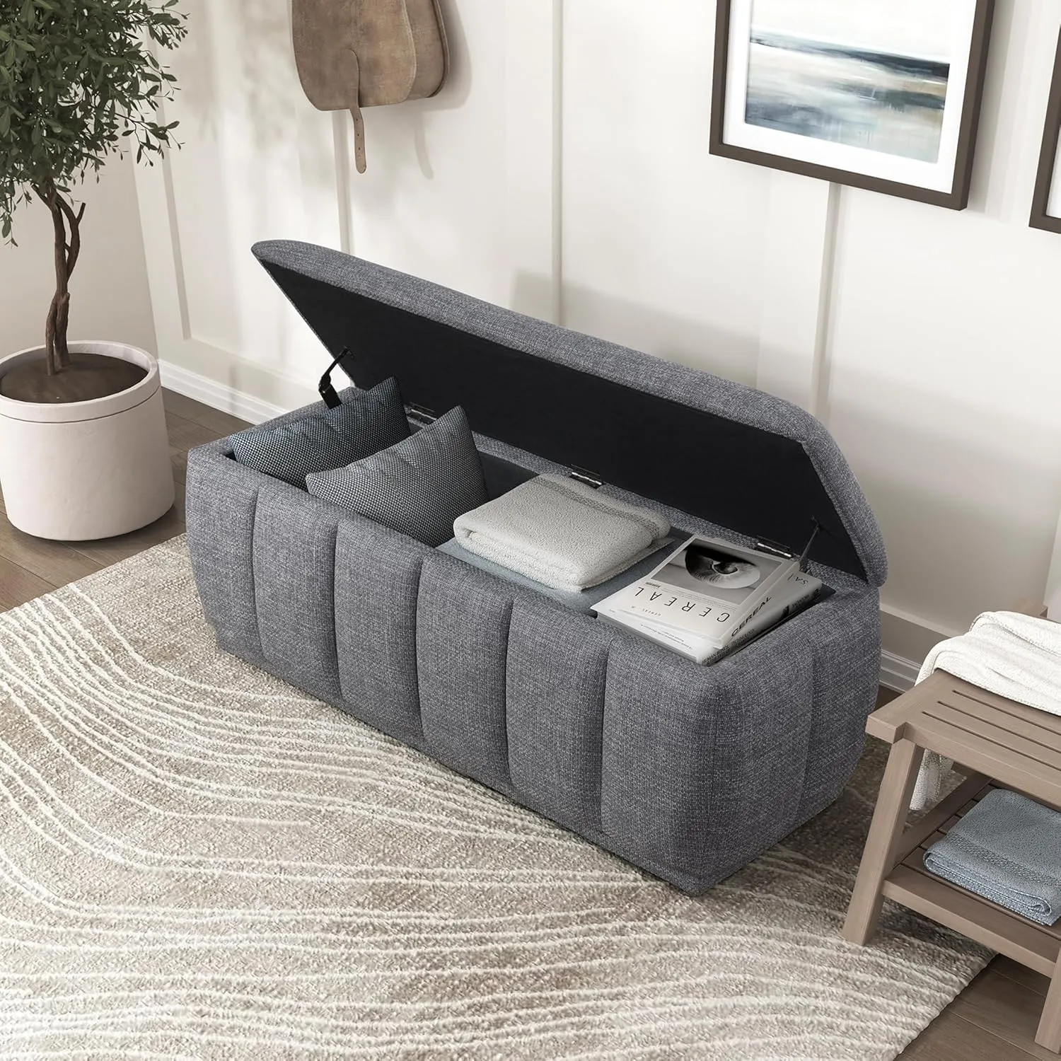 Lexicon Textured Fabric Storage Bench, Upholstered Rectangle Entryway Bench, Modern Storage Chest for Entryway/Living Room/Bedroom, Gray