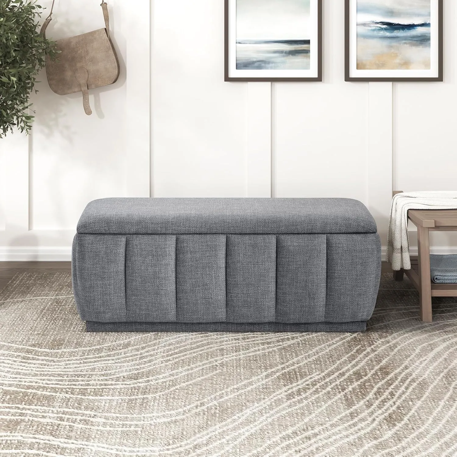 Lexicon Textured Fabric Storage Bench, Upholstered Rectangle Entryway Bench, Modern Storage Chest for Entryway/Living Room/Bedroom, Gray