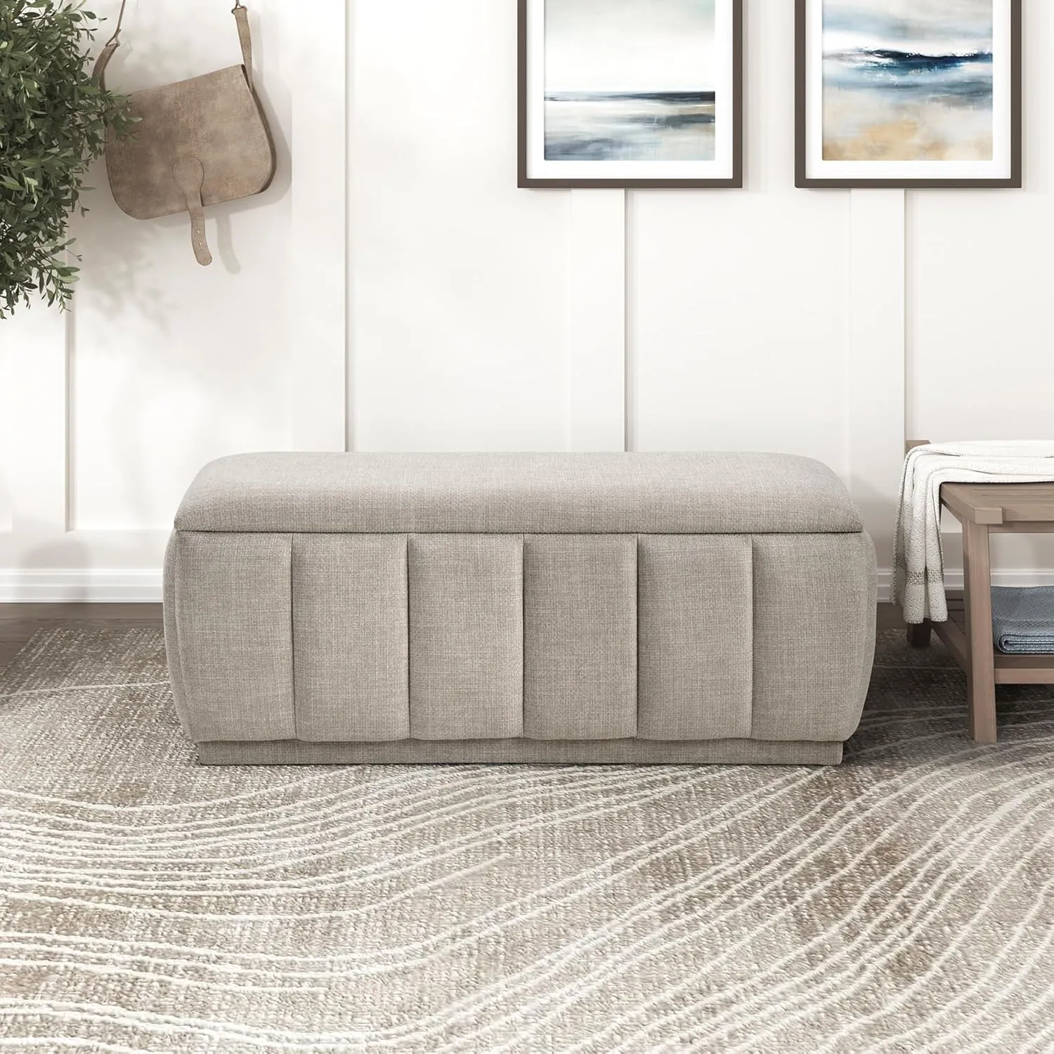 Lexicon Textured Fabric Storage Bench, Upholstered Rectangle Entryway Bench, Modern Storage Chest for Entryway/Living Room/Bedroom, Taupe