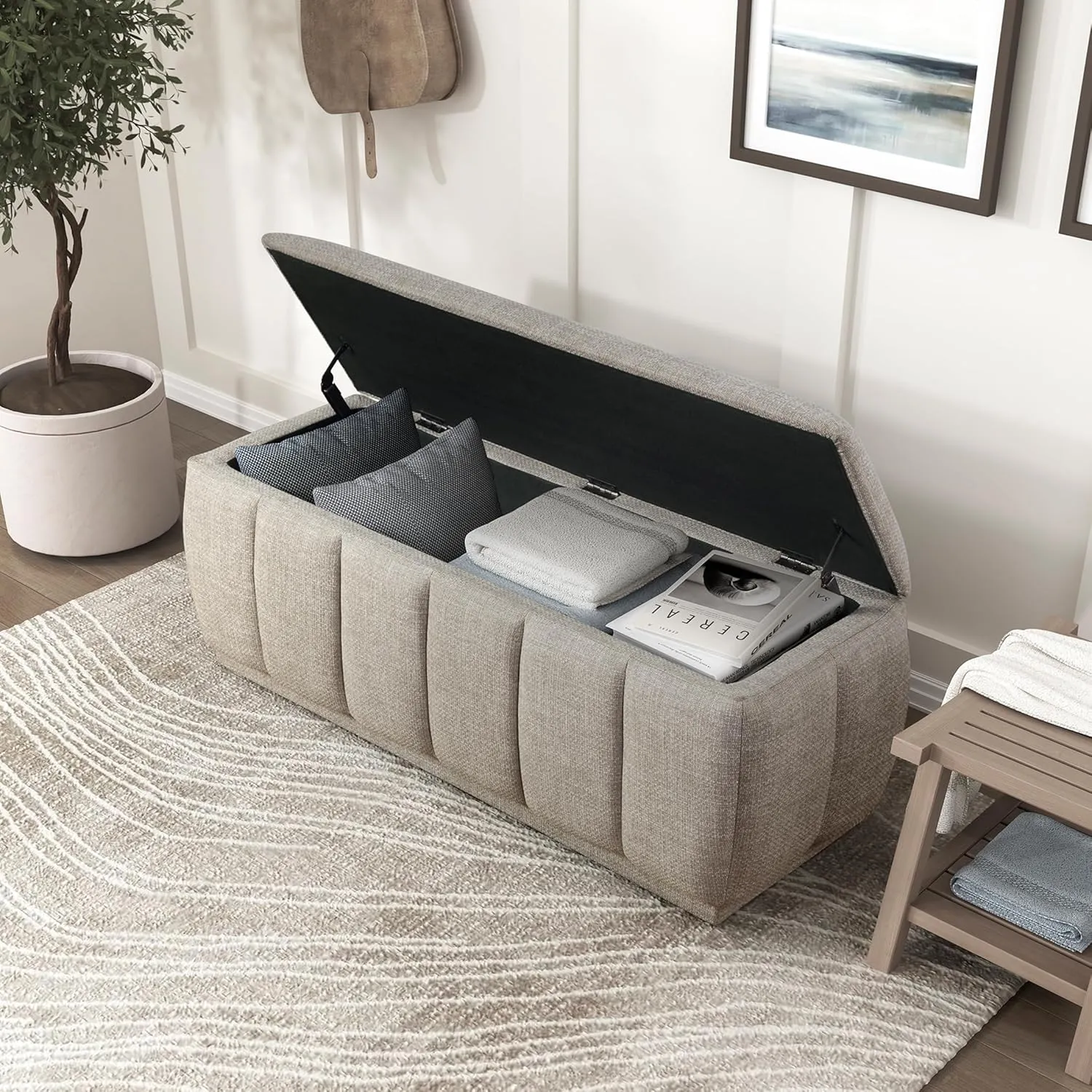 Lexicon Textured Fabric Storage Bench, Upholstered Rectangle Entryway Bench, Modern Storage Chest for Entryway/Living Room/Bedroom, Taupe