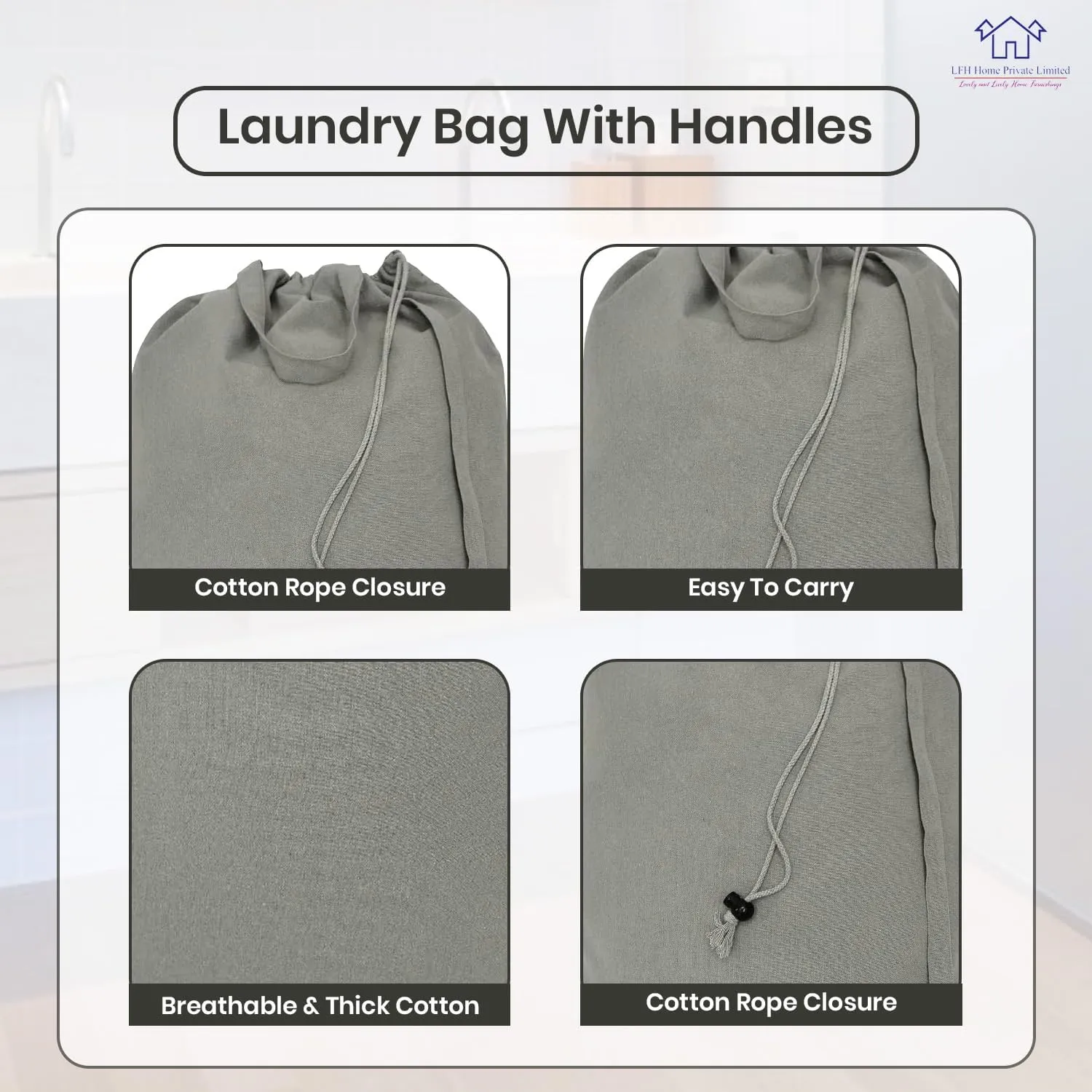 LFH Home Cotton Canvas Extra Large Laundry Bag with Handle, Heavy Duty Drawstring Closure Washable Laundry Bags, School Travel, Home, Hotel, College Dorm, Organizer Sack, Toys Clothes 28x36-Grey