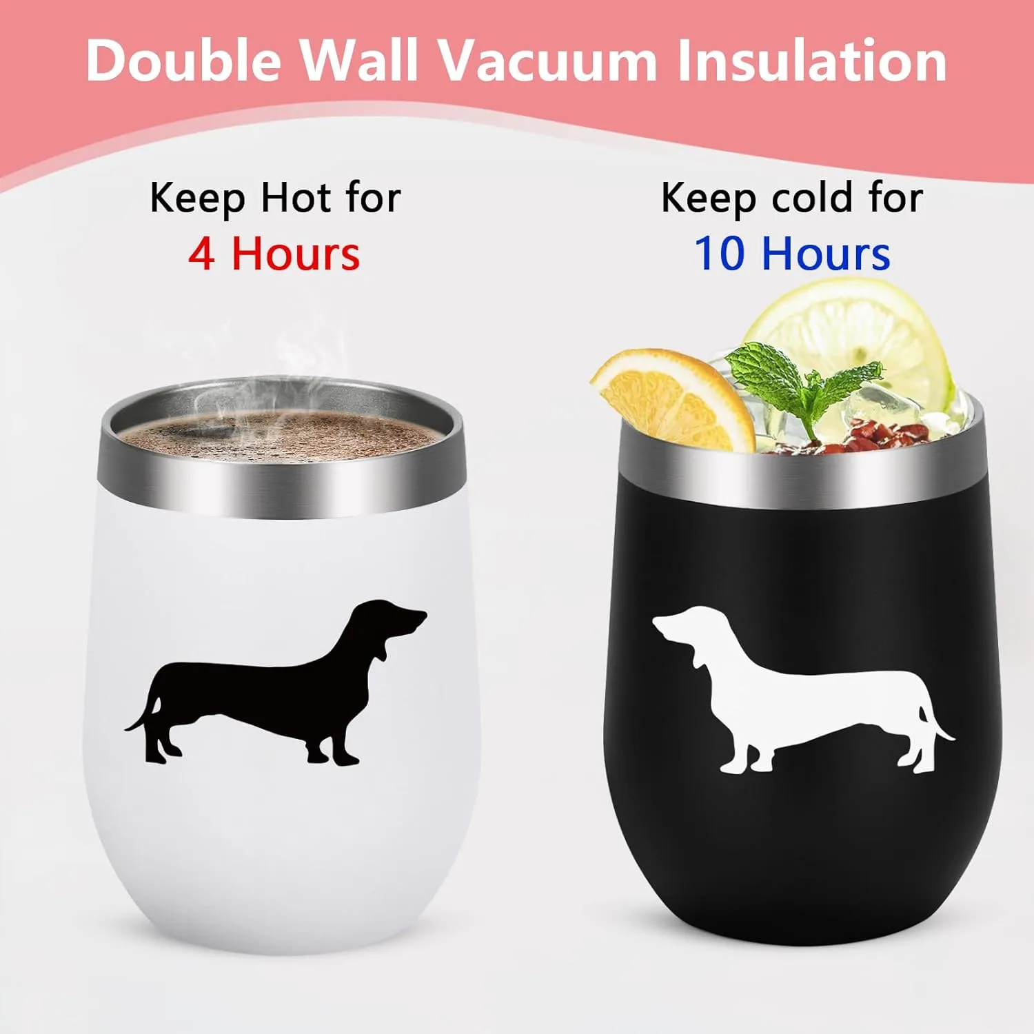 Lifecapido Dog Lover Gifts, Dachshund Silhouette Stainless Steel Wine Tumbler Set of 2, Dachshund Gifts for Women Men, Christmas Birthday Gifts for Wiener Dog Parents Lovers (12oz, Black&White)