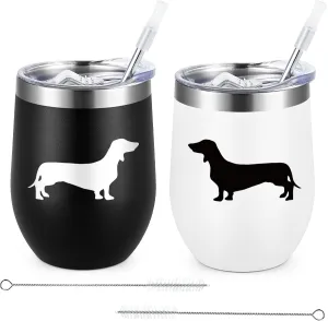 Lifecapido Dog Lover Gifts, Dachshund Silhouette Stainless Steel Wine Tumbler Set of 2, Dachshund Gifts for Women Men, Christmas Birthday Gifts for Wiener Dog Parents Lovers (12oz, Black&White)