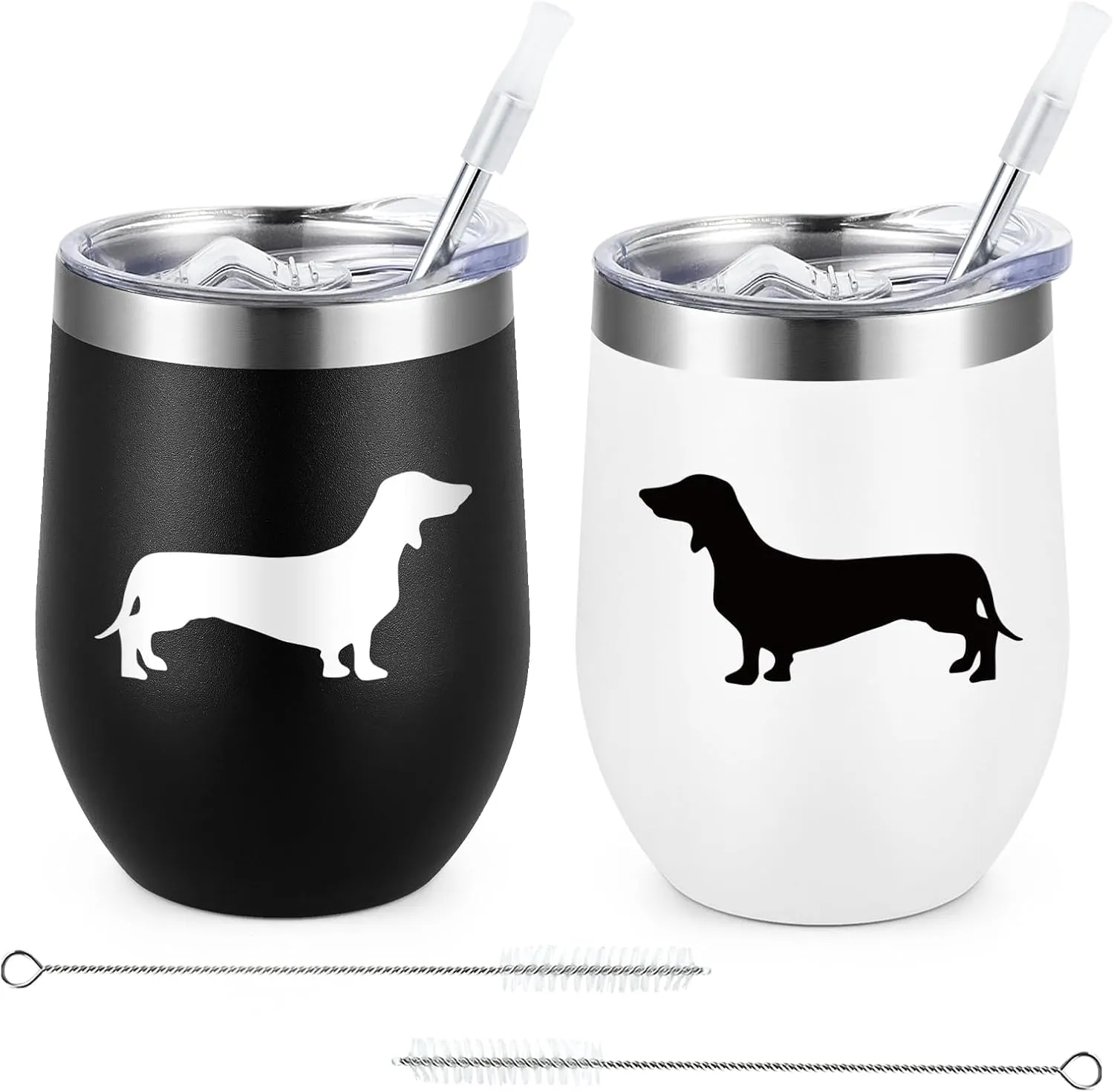 Lifecapido Dog Lover Gifts, Dachshund Silhouette Stainless Steel Wine Tumbler Set of 2, Dachshund Gifts for Women Men, Christmas Birthday Gifts for Wiener Dog Parents Lovers (12oz, Black&White)