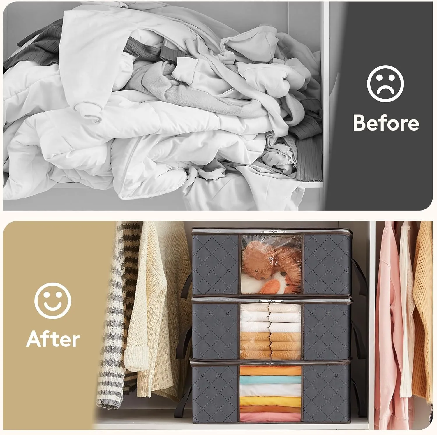 Lifewit 4 Pack Clothes Storage Bag, Foldable Storage Bin Closet Organizer with Reinforced Handle, Sturdy Fabric Blanket Storage with Clear Window, Storage Containers for Clothing, Bedding, Gray