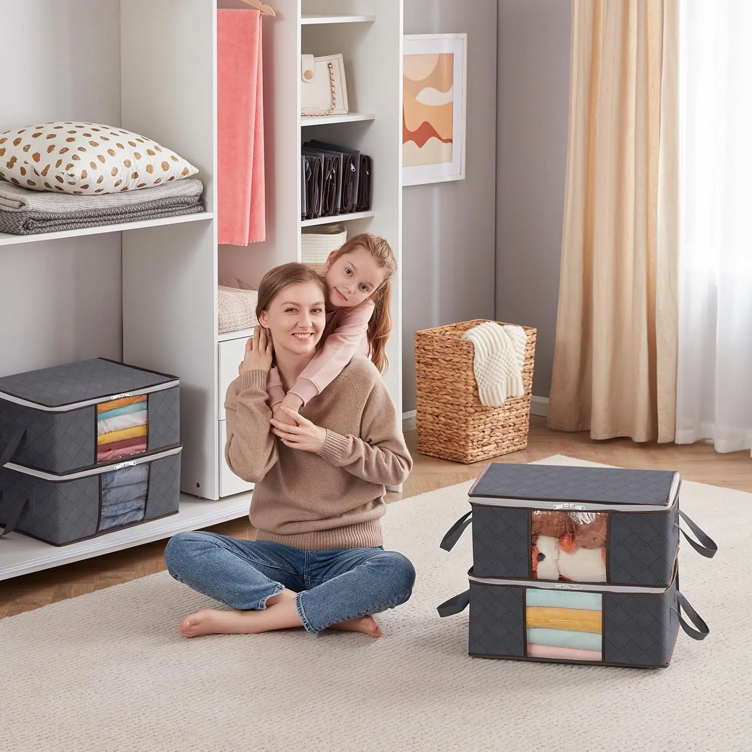Lifewit 4 Pack Clothes Storage Bag, Foldable Storage Bin Closet Organizer with Reinforced Handle, Sturdy Fabric Blanket Storage with Clear Window, Storage Containers for Clothing, Bedding, Gray