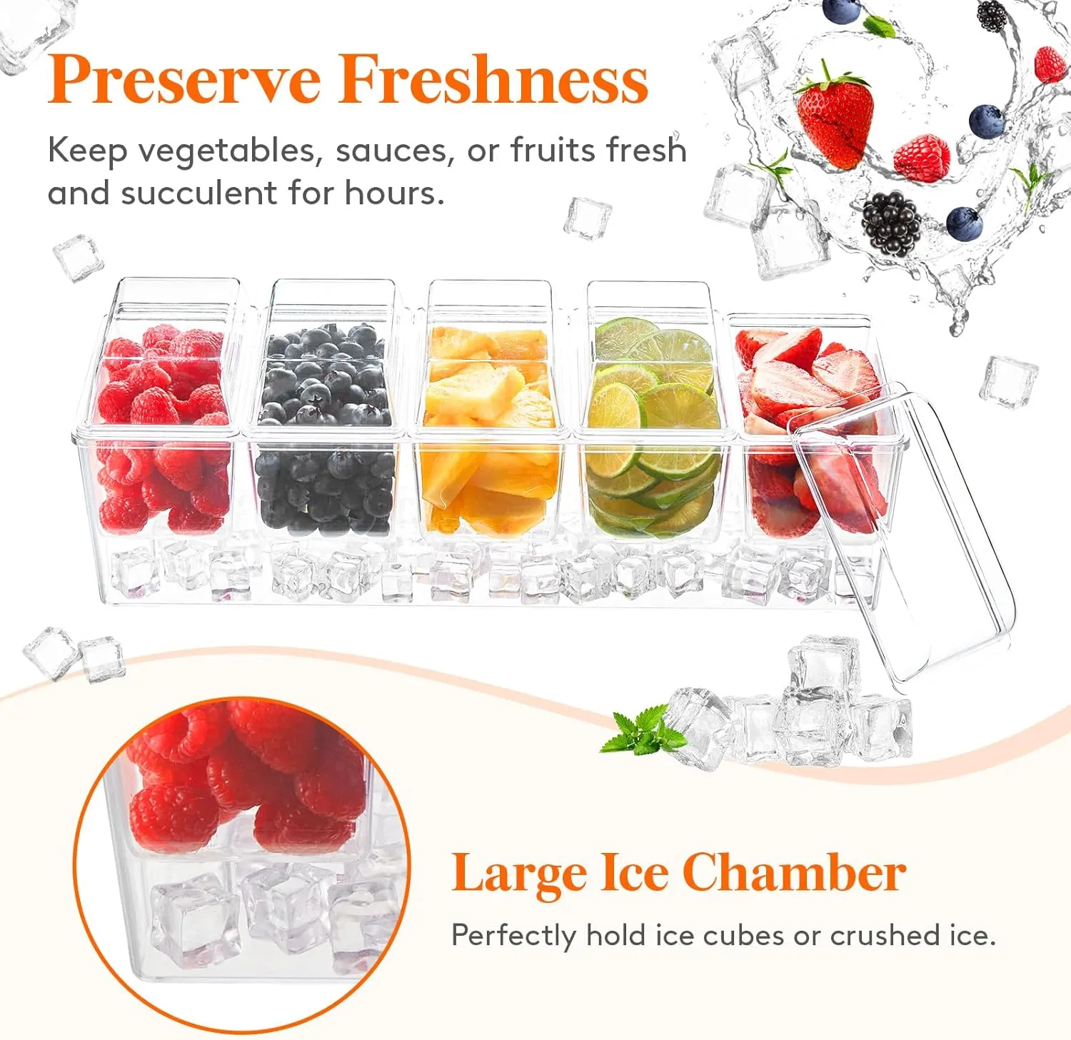 Lifewit Ice Chilled Condiment Caddy with 5 Containers(2.5 cup), Condiment Server with Separate Lids, Serving Tray Platter with Removable Dishes for Bar Accessories, Fruit, Salad, Taco, Party Garnish
