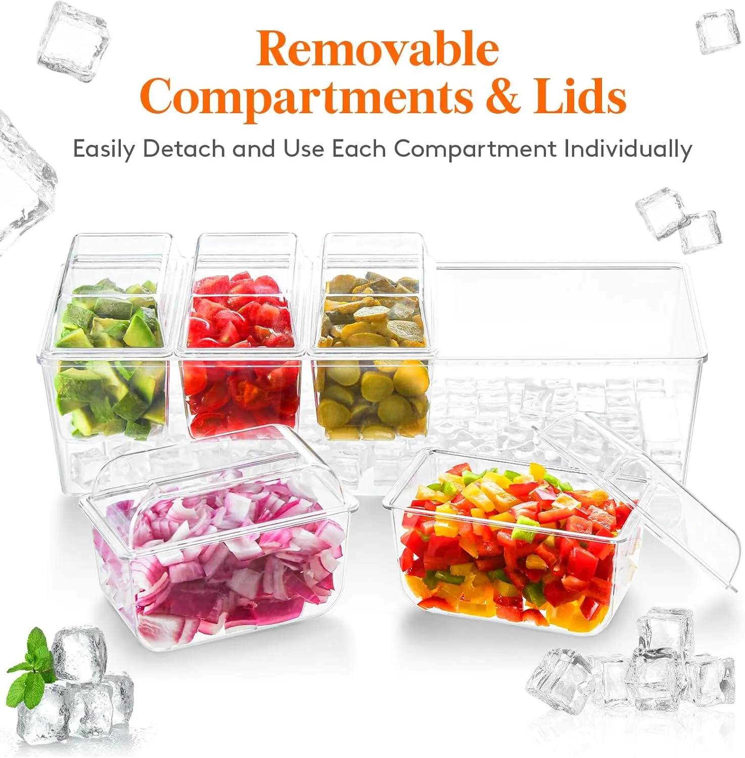 Lifewit Ice Chilled Condiment Caddy with 5 Containers(2.5 cup), Condiment Server with Separate Lids, Serving Tray Platter with Removable Dishes for Bar Accessories, Fruit, Salad, Taco, Party Garnish
