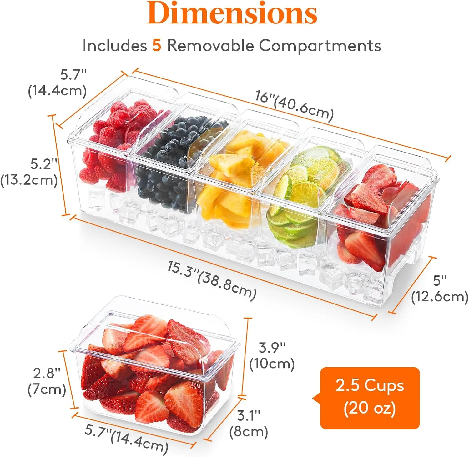 Lifewit Ice Chilled Condiment Caddy with 5 Containers(2.5 cup), Condiment Server with Separate Lids, Serving Tray Platter with Removable Dishes for Bar Accessories, Fruit, Salad, Taco, Party Garnish
