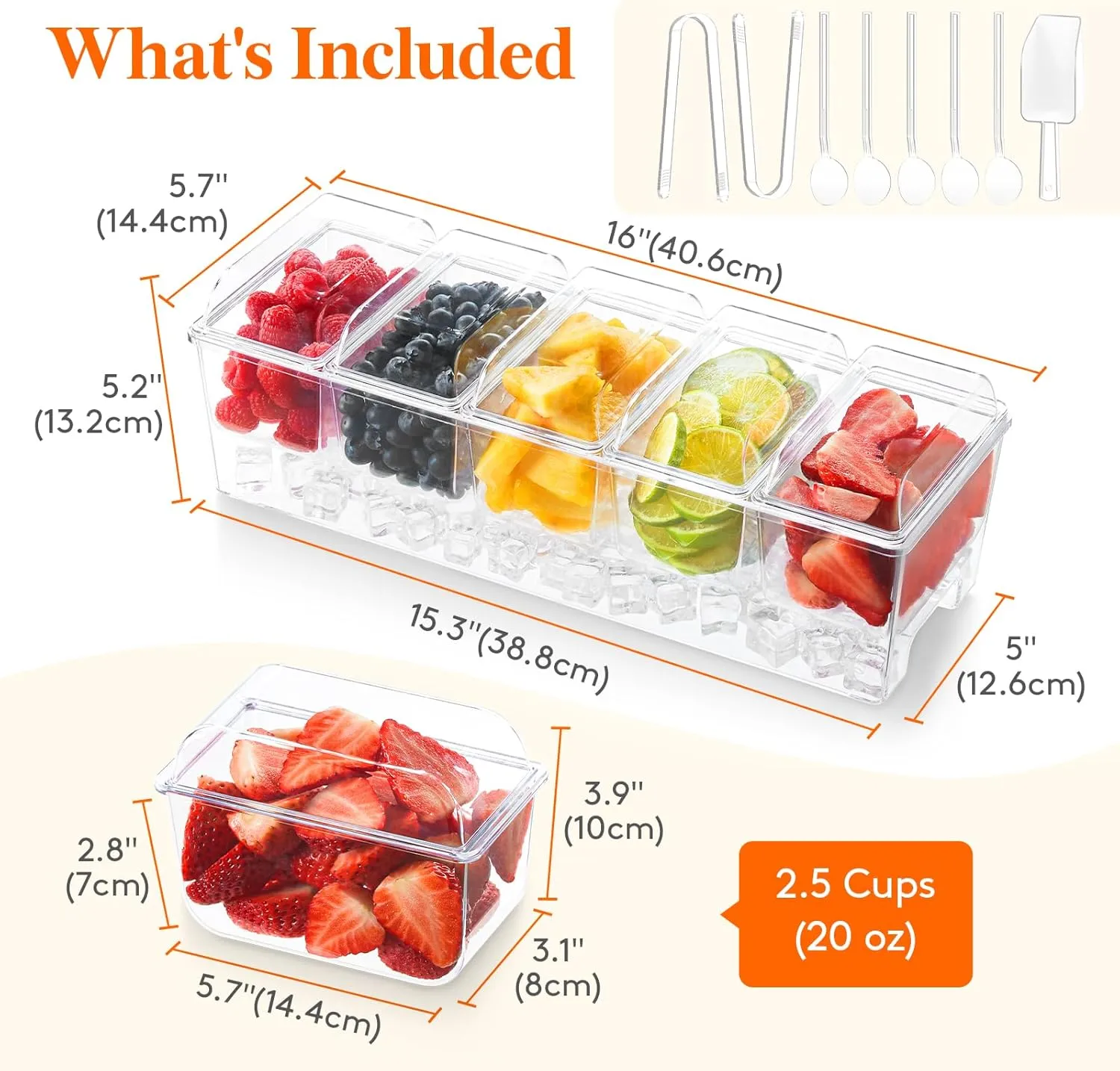 Lifewit Taco Bar Serving Set for Party with 5 Containers(2.5 Cup) & Components, Large Ice Chilled Condiment Caddy Organizer, Garnish Serving Tray Platter for Mimosa Bar Accessories, Fruit, Salad, Food