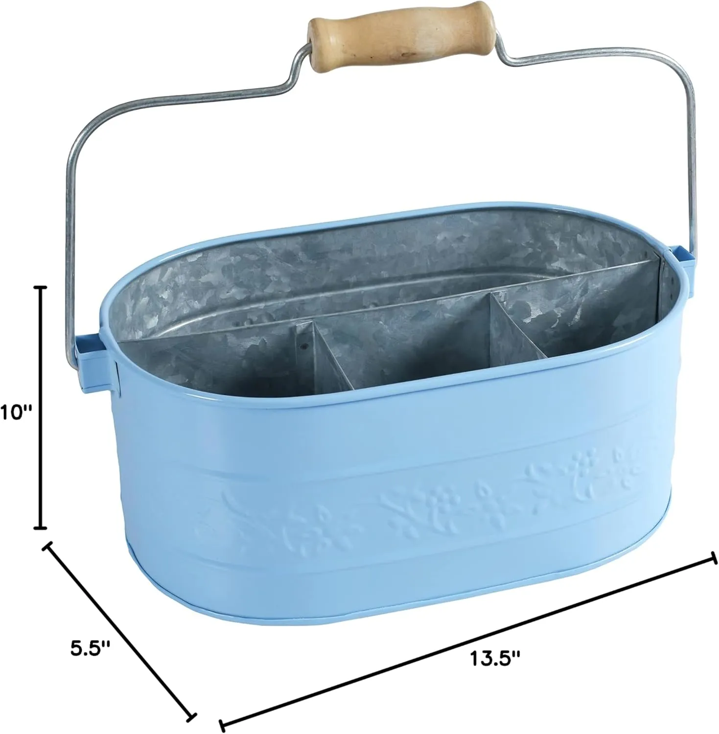 Light & Pro Farmhouse Rustic Utensil Caddy Carry All Serveware Galvanized Metal Organizer - Wooden Handle Storage Bin Caddy For Flatware, Condiments, Party Curtlery - Flower Design - Sky Blue