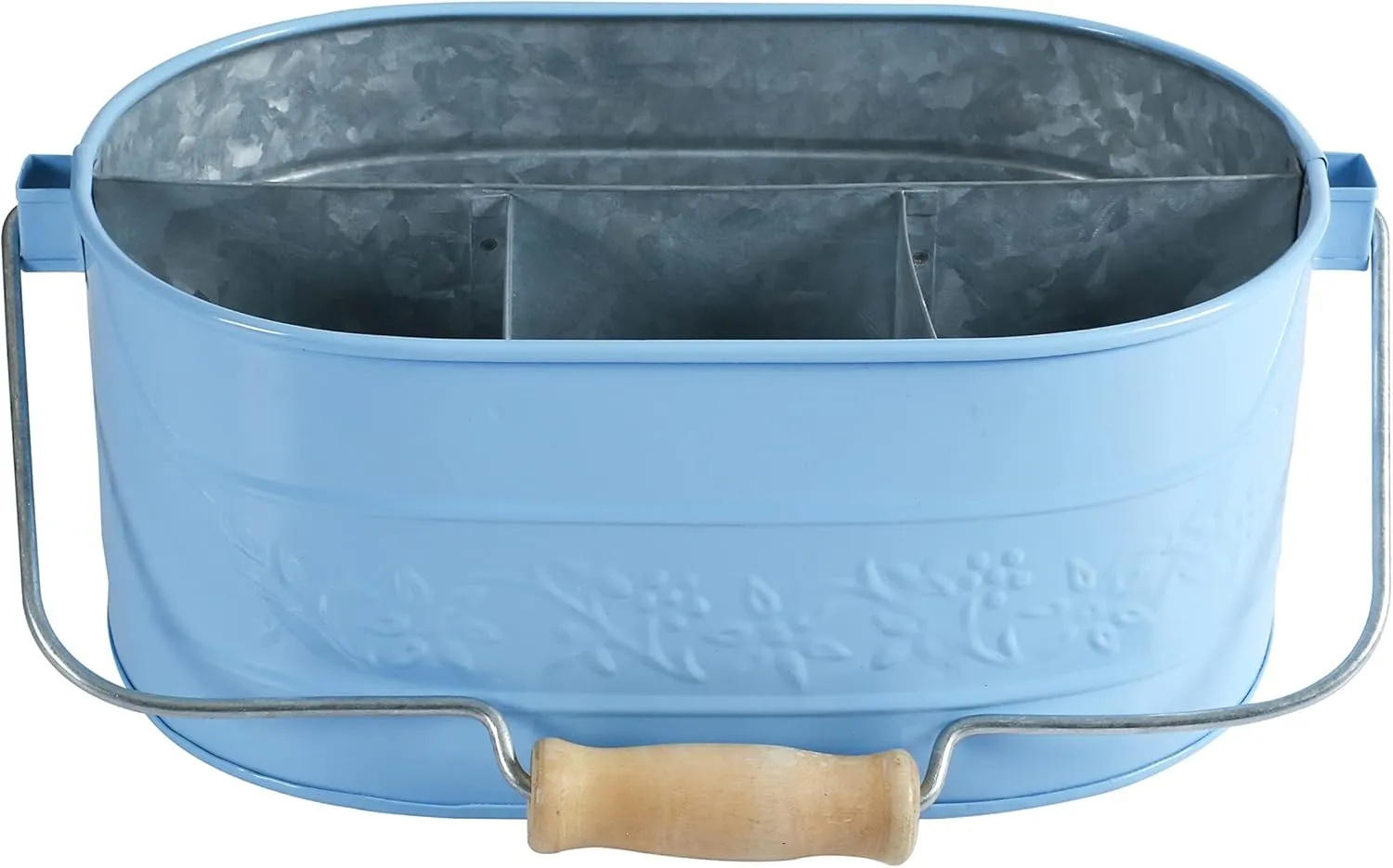 Light & Pro Farmhouse Rustic Utensil Caddy Carry All Serveware Galvanized Metal Organizer - Wooden Handle Storage Bin Caddy For Flatware, Condiments, Party Curtlery - Flower Design - Sky Blue