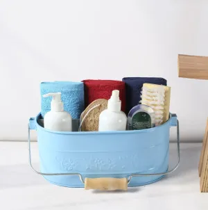 Light & Pro Farmhouse Rustic Utensil Caddy Carry All Serveware Galvanized Metal Organizer - Wooden Handle Storage Bin Caddy For Flatware, Condiments, Party Curtlery - Flower Design - Sky Blue