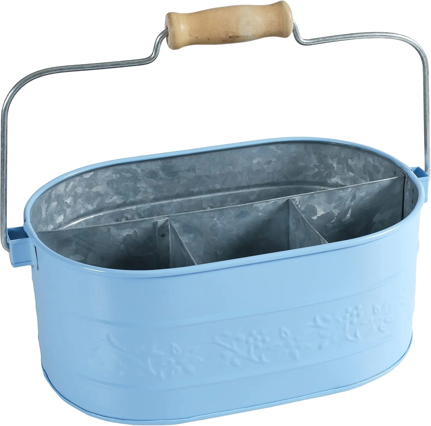 Light & Pro Farmhouse Rustic Utensil Caddy Carry All Serveware Galvanized Metal Organizer - Wooden Handle Storage Bin Caddy For Flatware, Condiments, Party Curtlery - Flower Design - Sky Blue