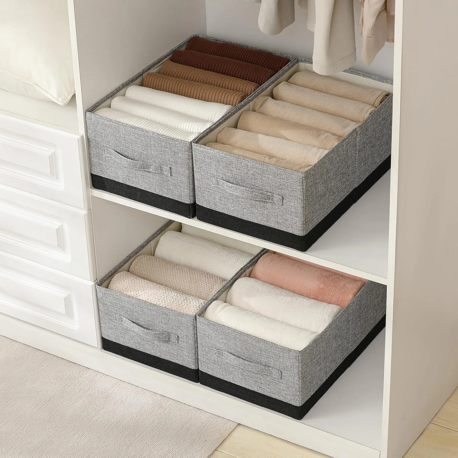 Linen Folding Storage Bins, 3 Pack Large Storage Baskets, Washable, Clothing Storage Bins with Handle, Closet Organizer for Storage Sweater,Sheets (gray black, 18½"x11"x8½")