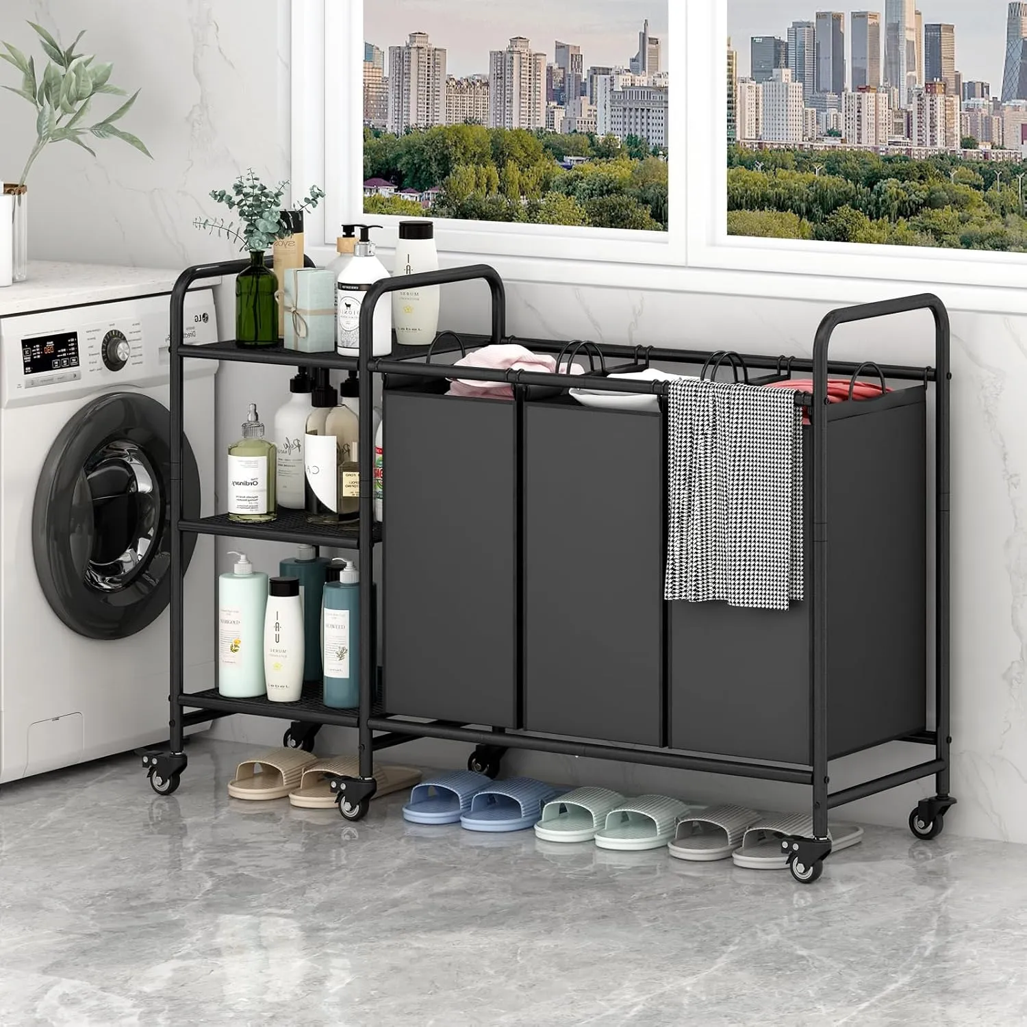 LINZINAR 3 Bag Laundry Basket Sorter Cart with Storage Shelf, Black