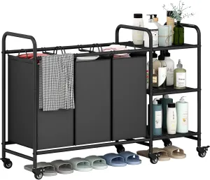 LINZINAR 3 Bag Laundry Basket Sorter Cart with Storage Shelf, Black