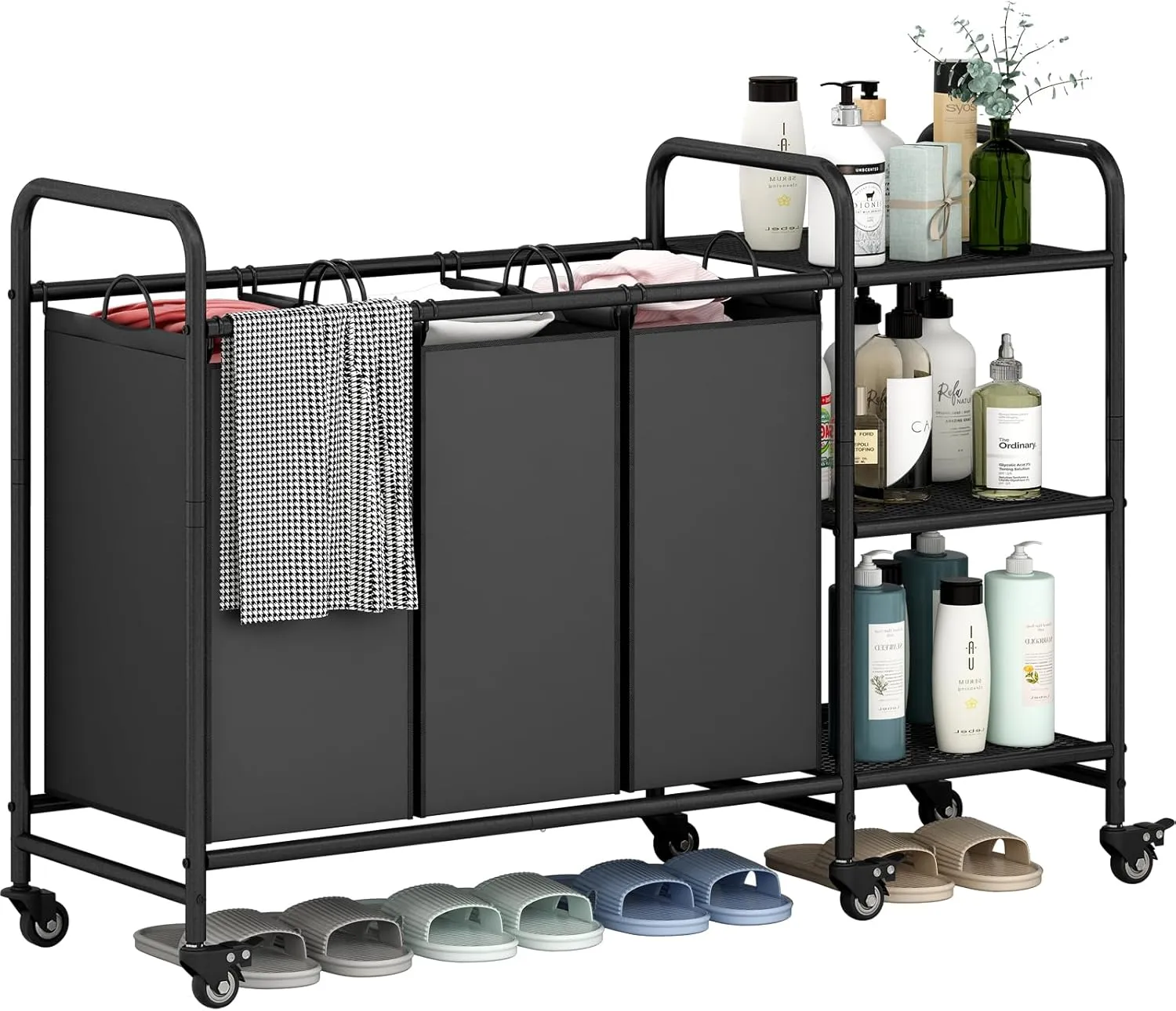 LINZINAR 3 Bag Laundry Basket Sorter Cart with Storage Shelf, Black