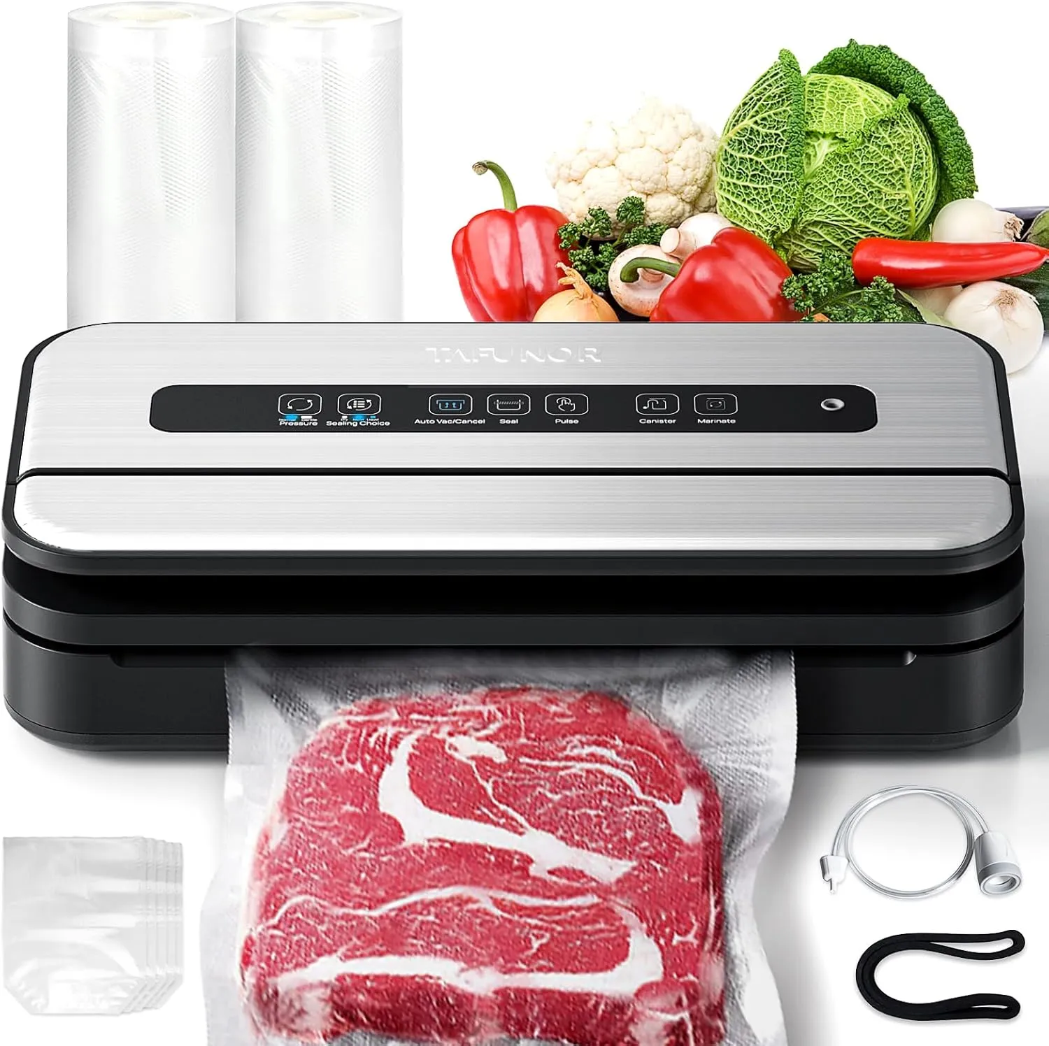 Liquid Vacuum Sealer Machine for Food, Concealed Handle 90Kpa Powerful Vacuum Sealing for Liquid/Dry/Moist Saver, Double Heat Seal, Built-in Cutter/Bag Storage & Removable Drip Tray | 2 Bag Rolls