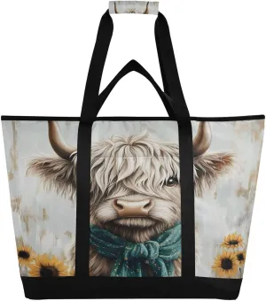 Little Highland Cow Reusable Insulated Lunchbox Cooler Bag, Leakproof Kitchen Grocery Bag Collapsible Portable Cooler Tote Bag for Picnic, Camping, Office, Travel