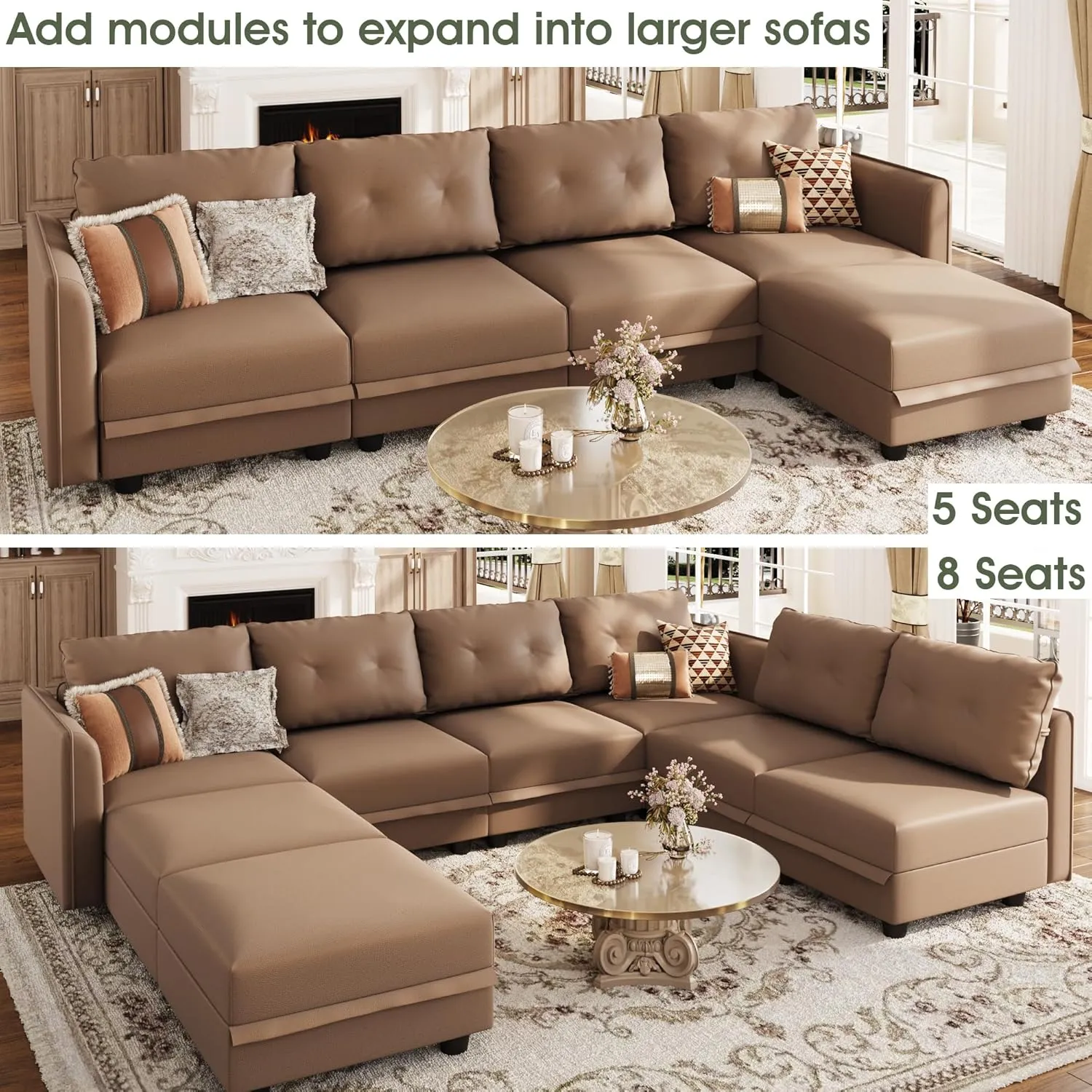 LLappuil Modular Sectional Sofa, Convertible U Shaped Sectional Couch with Storage, Modular Sectionals for Living Room, Faux Leather Fabric Waterproof Sofa, 7 Seat, Cognac Brown