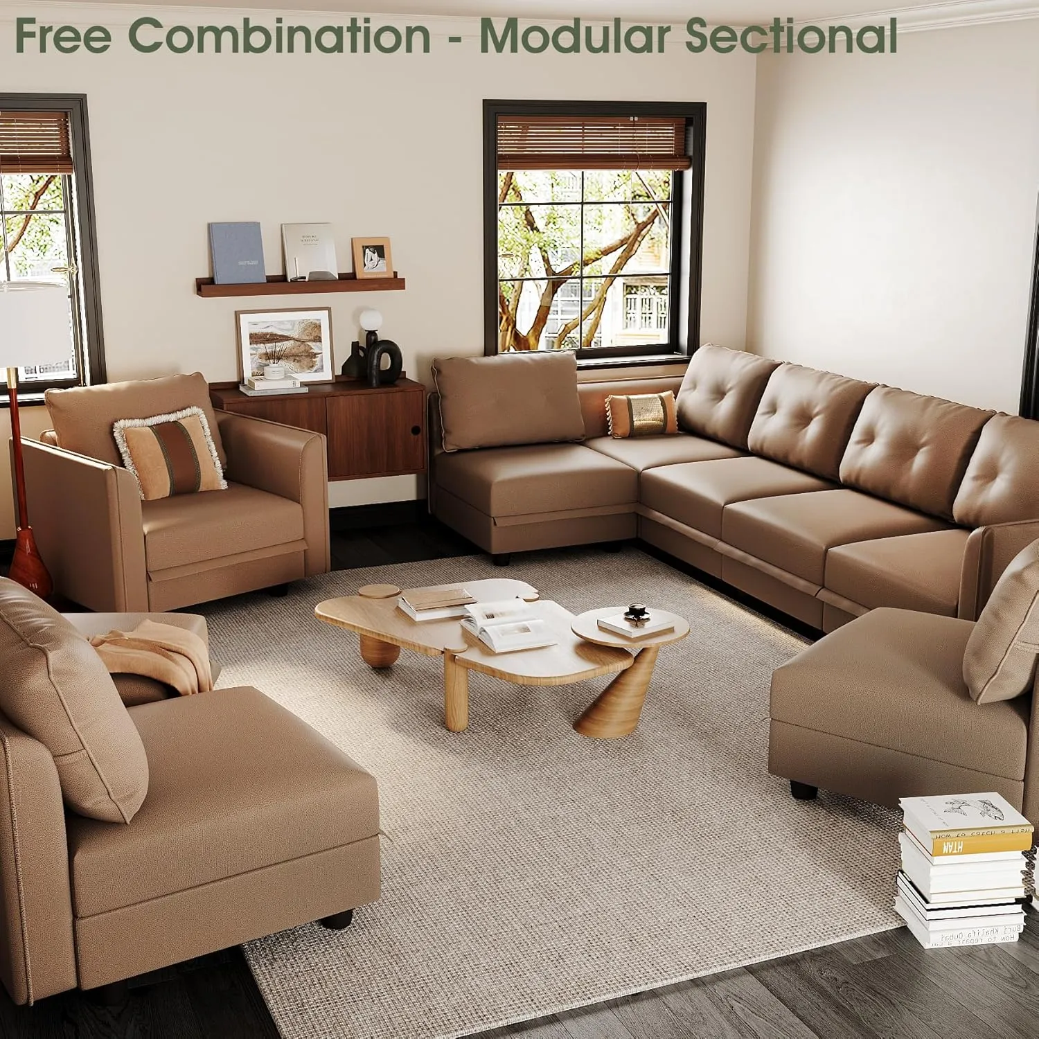 LLappuil Modular Sectional Sofa, Convertible U Shaped Sectional Couch with Storage, Modular Sectionals for Living Room, Faux Leather Fabric Waterproof Sofa, 7 Seat, Cognac Brown